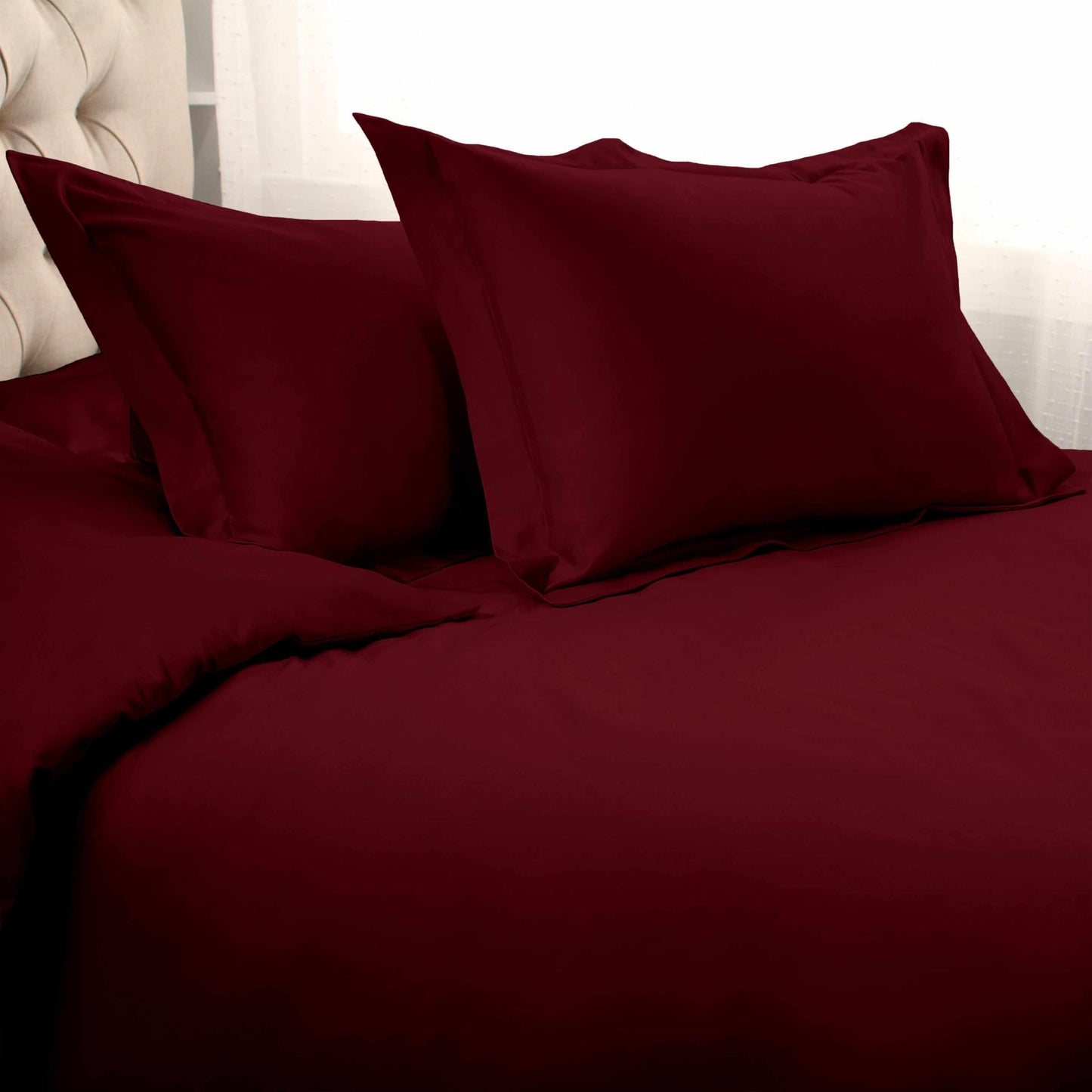 Superior Egyptian Cotton Solid All-Season Duvet Cover Set with Button Closure - Burgundy