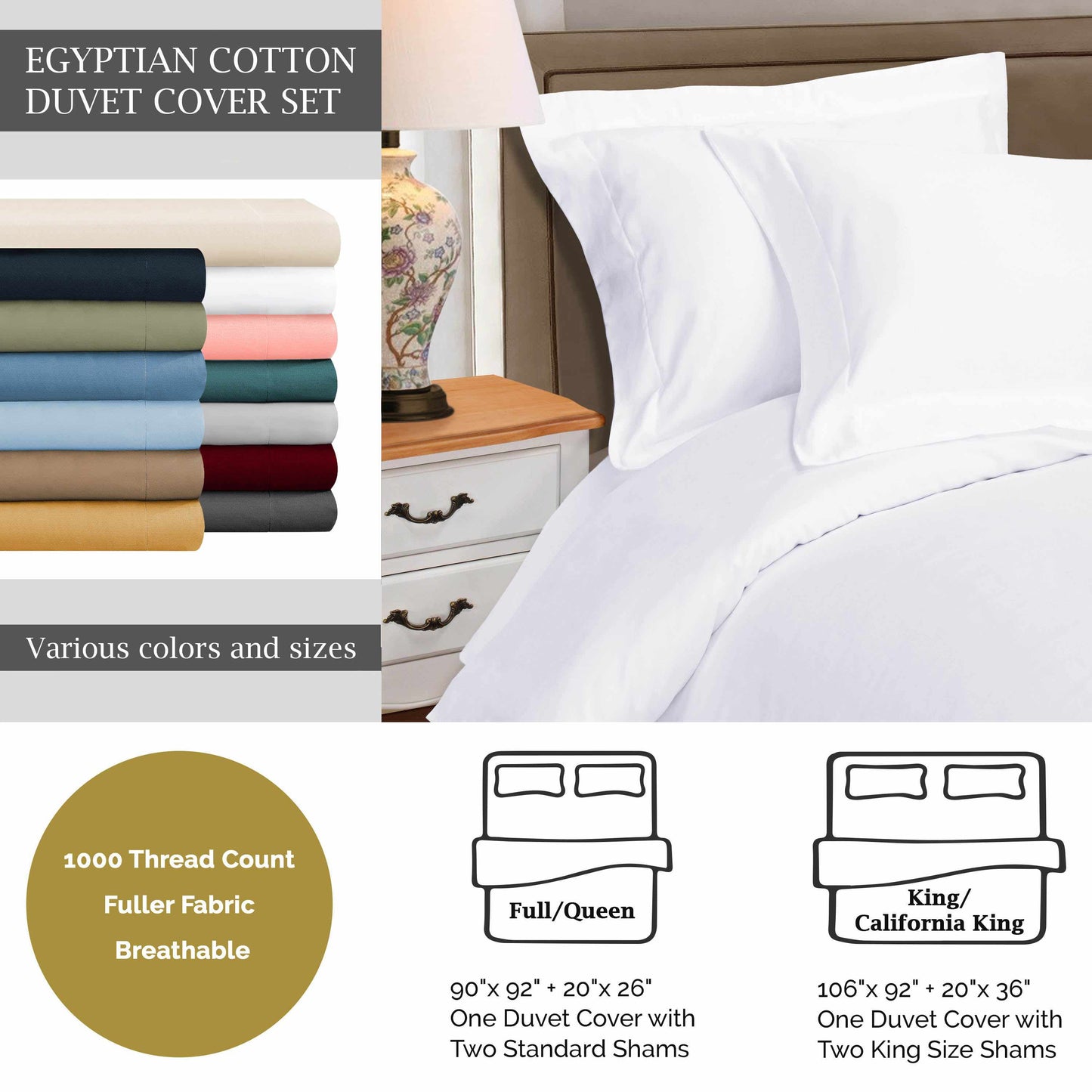 Superior Egyptian Cotton Solid All-Season Duvet Cover Set with Button Closure - White