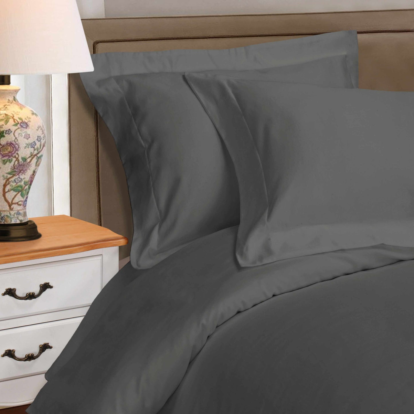 Superior Egyptian Cotton Solid All-Season Duvet Cover Set with Button Closure - Grey