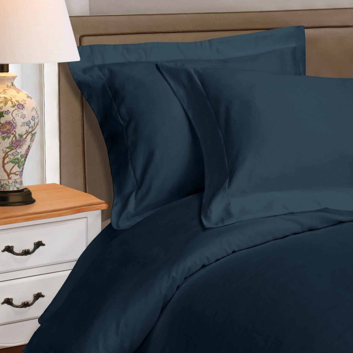 Superior Egyptian Cotton Solid All-Season Duvet Cover Set with Button Closure - Navy Blue