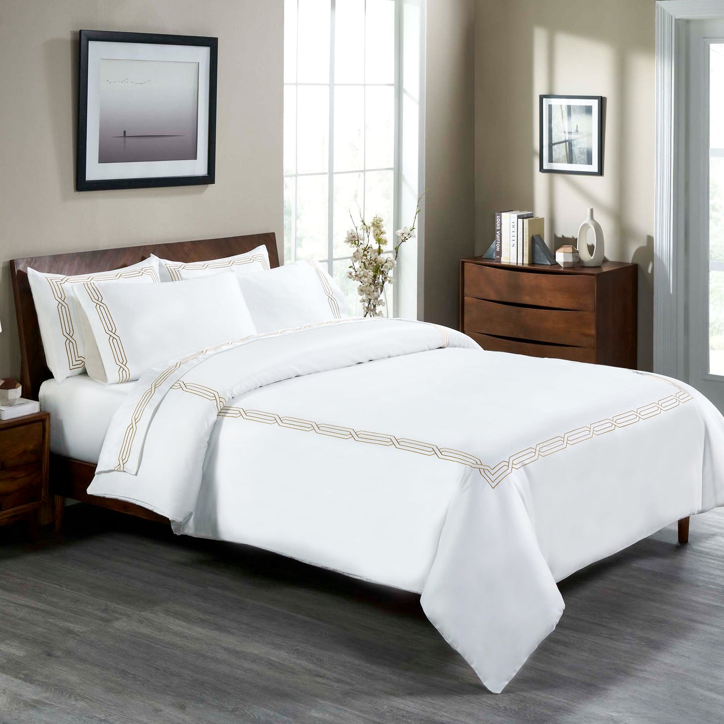 Superior Egyptian Cotton 1200 Thread Count Embroidered Geometric Scroll Duvet Cover Set - White- Taupe
