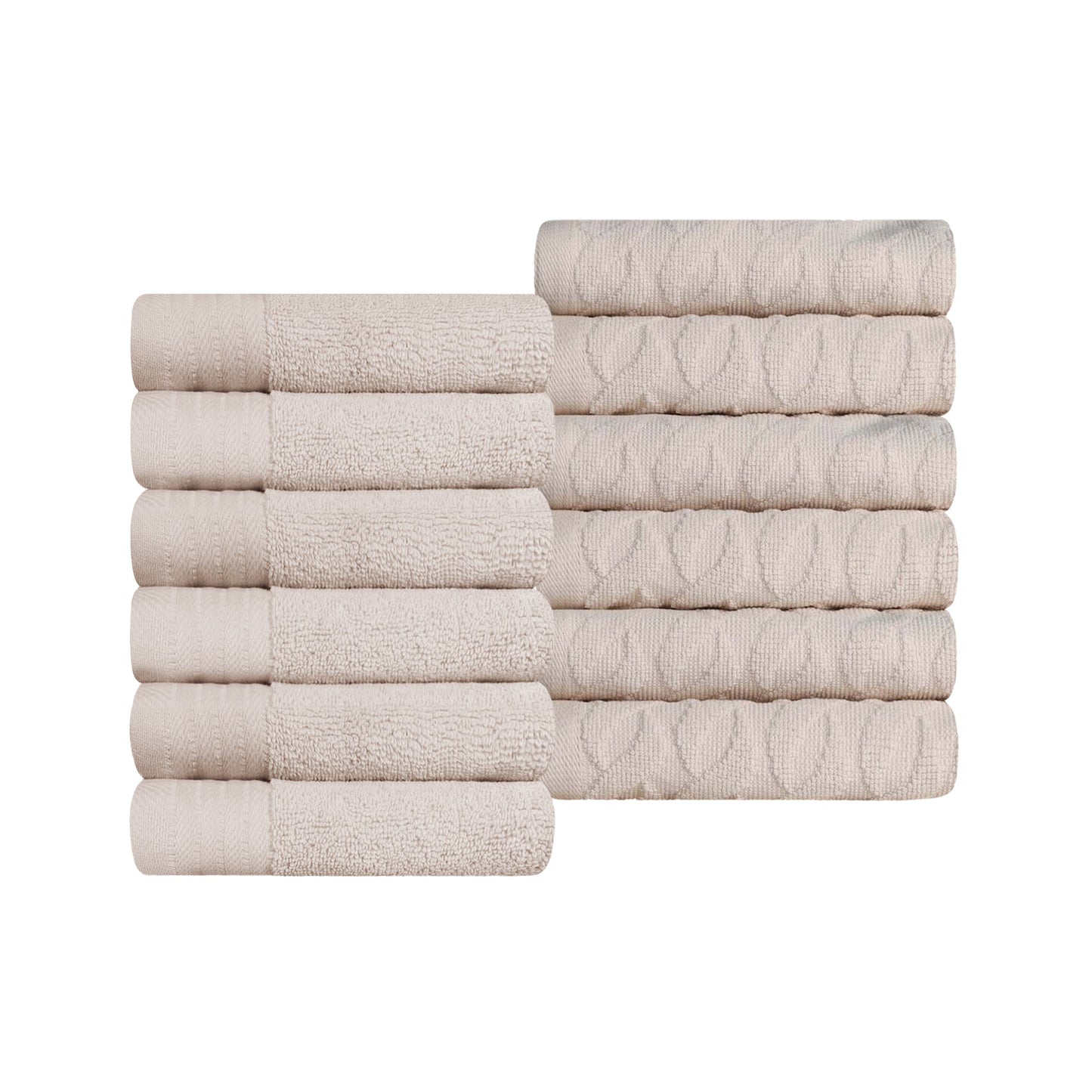 Premium Turkish Cotton Jacquard Herringbone and Solid 12-Piece Face Towel/ Washcloth Set - Ivory