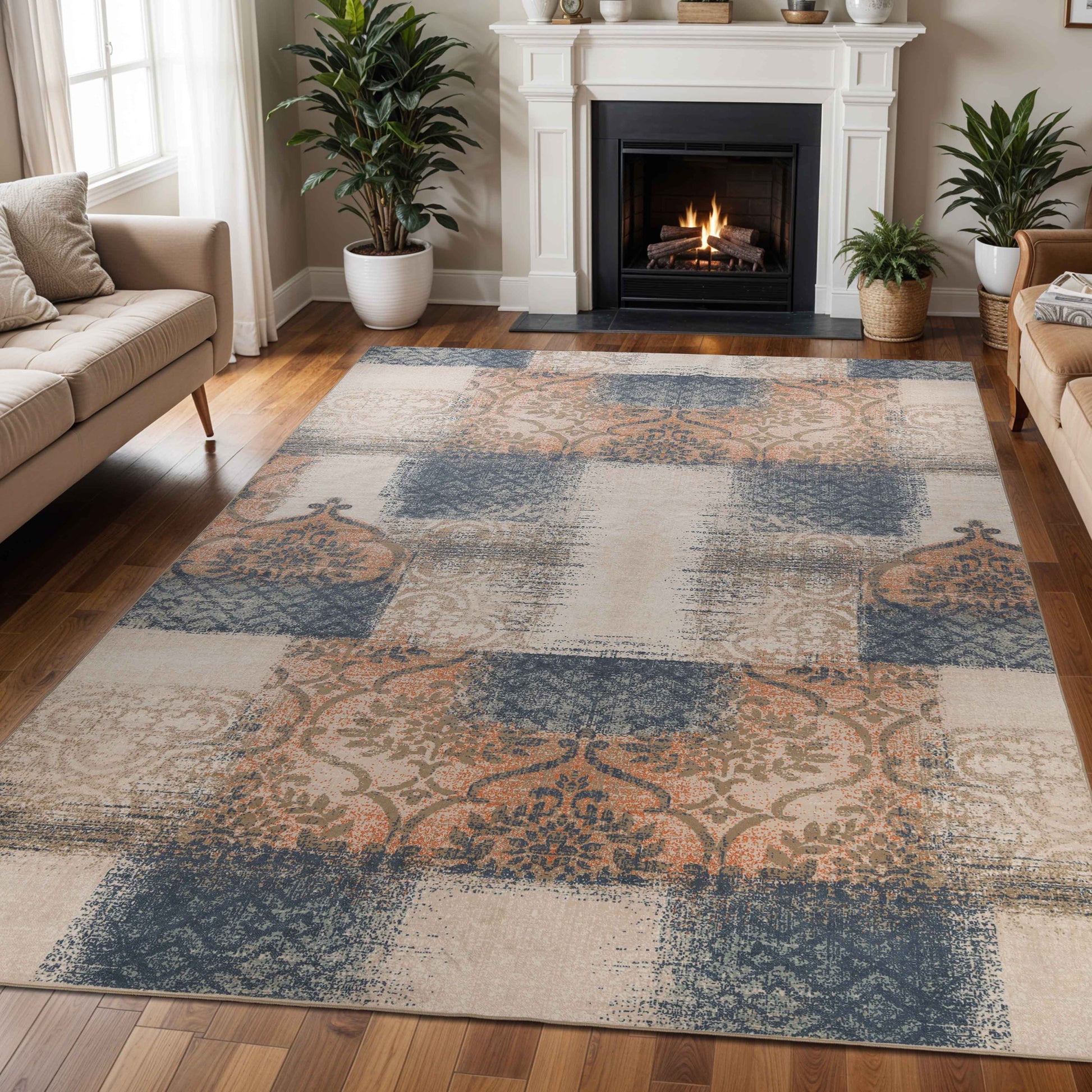 Bristol Distressed Abstract Damask Indoor Area Rug or Runner Rug - MidnightNavy-Salmon