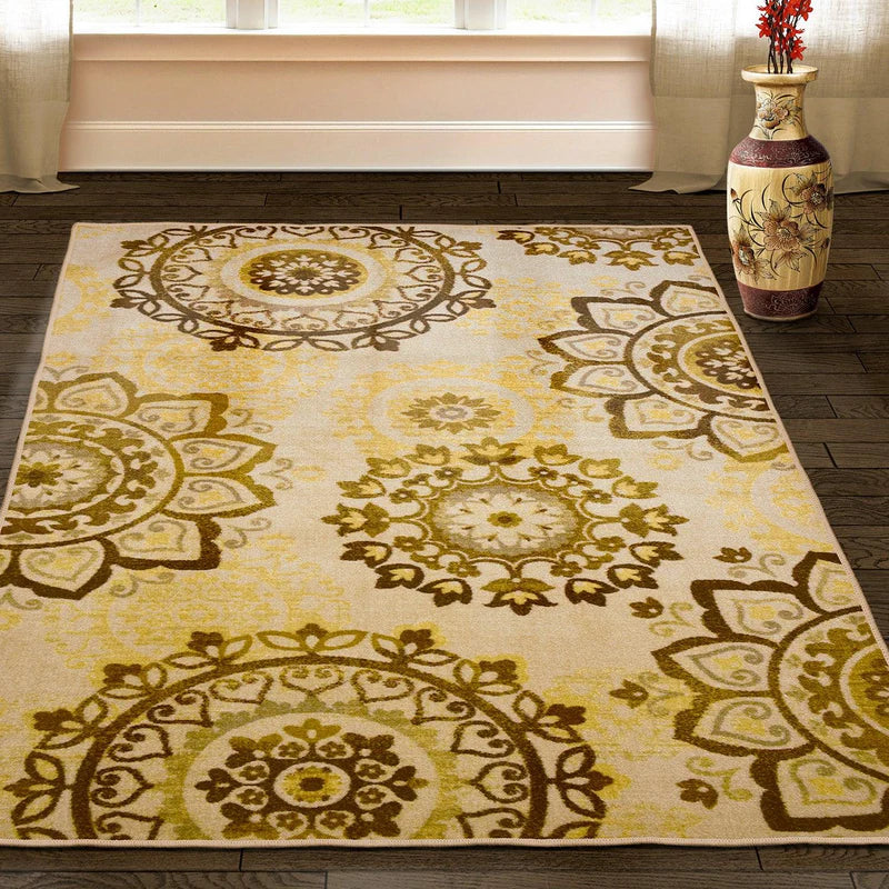 Liena Floral Medallion Non-Slip Washable Area Rug or Runner - Cream