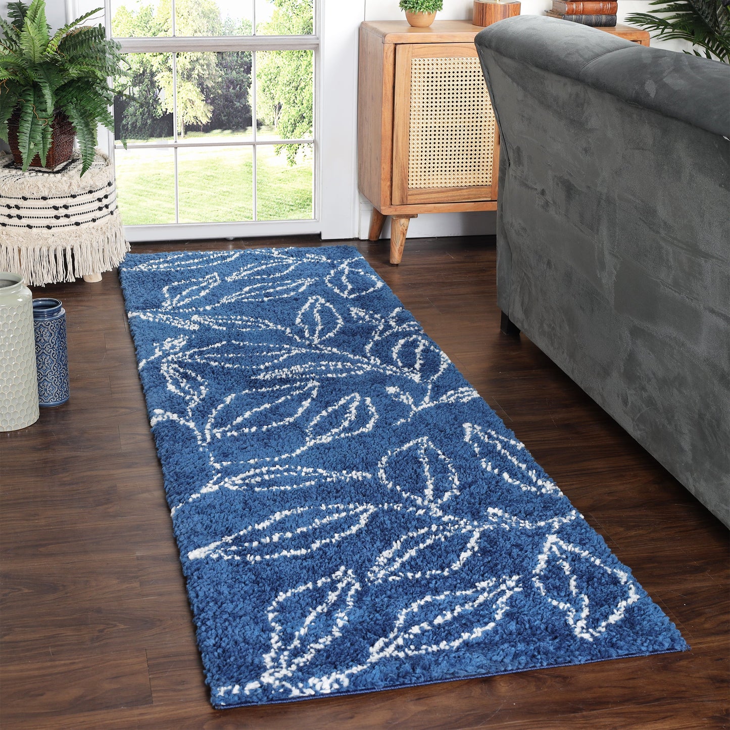Superior Botanical Indoor Plush Shag Transitional Area Rug - Cream-Blue