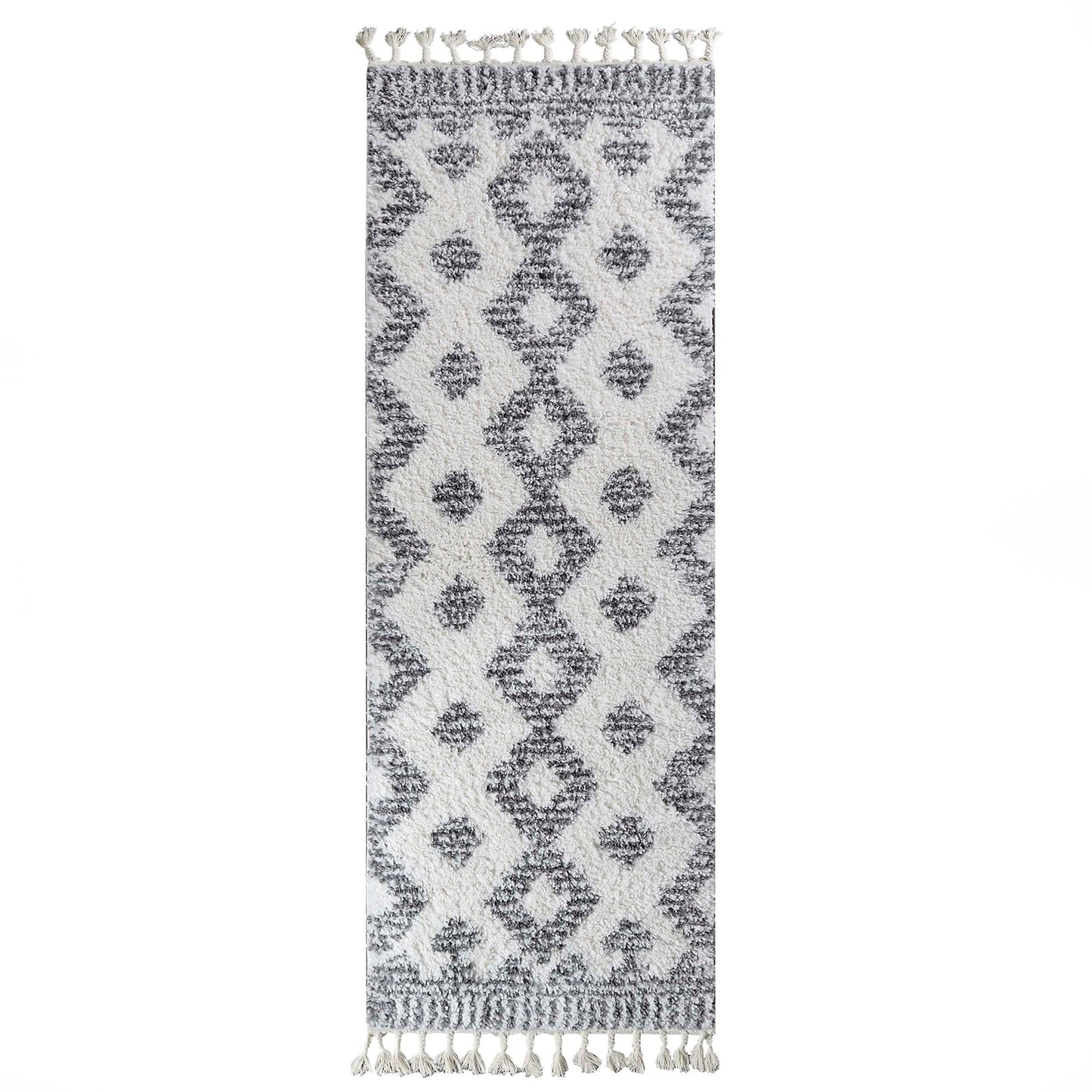 Superior Bohemian Geometric Indoor Plush Shag Area Rug with Tassels - Black-Cream