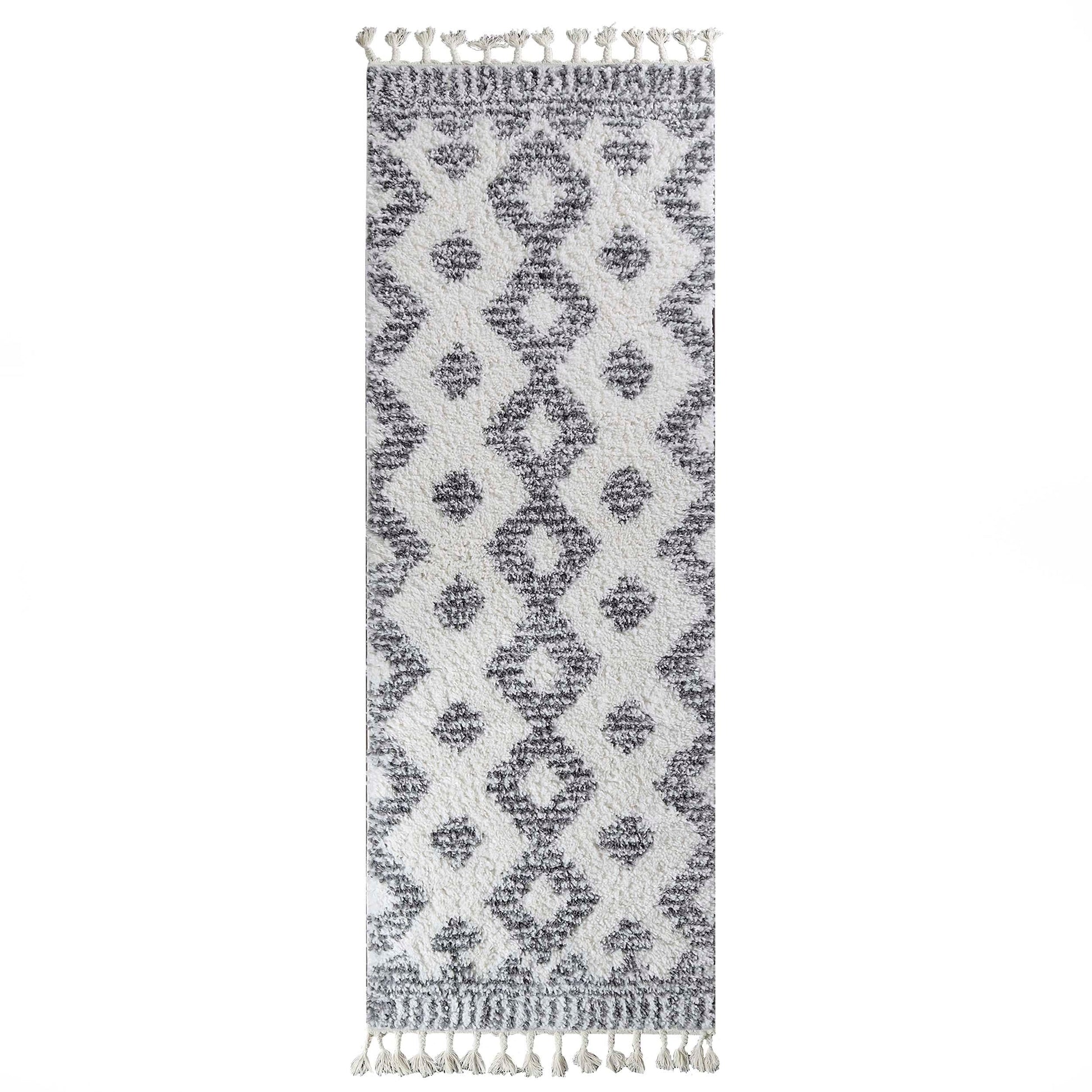 Superior Bohemian Geometric Indoor Plush Shag Area Rug with Tassels - Black-Cream