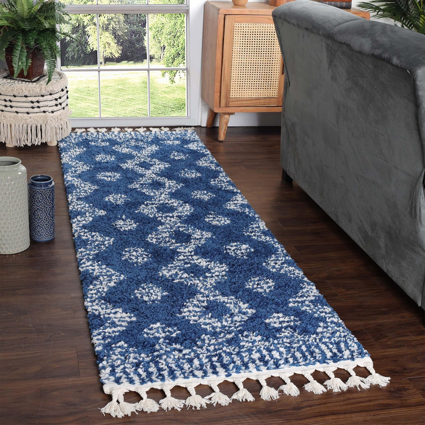 Superior Bohemian Geometric Indoor Plush Shag Area Rug with Tassels - Cream-Blue