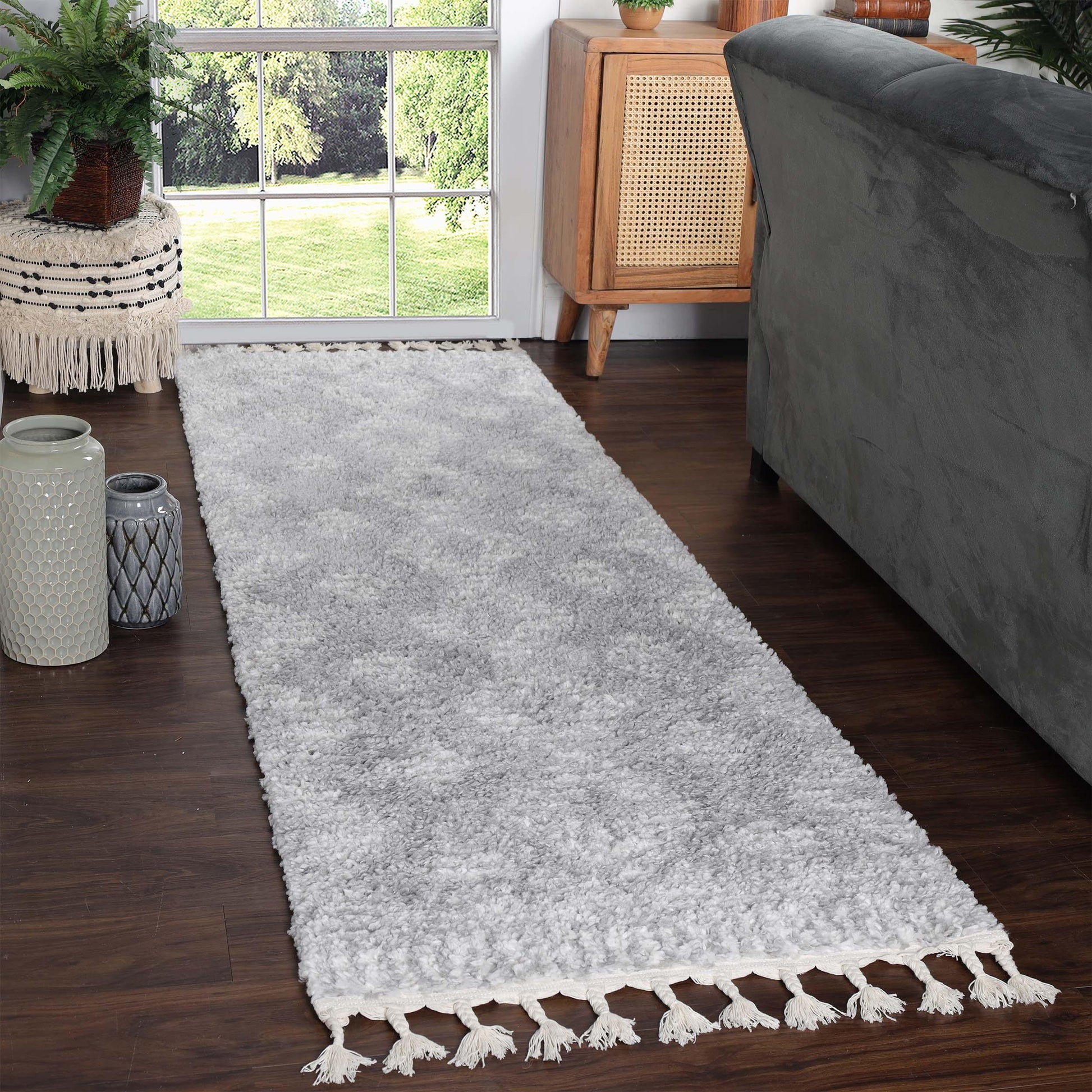 Superior Bohemian Geometric Indoor Plush Shag Area Rug with Tassels - Cream-Grey