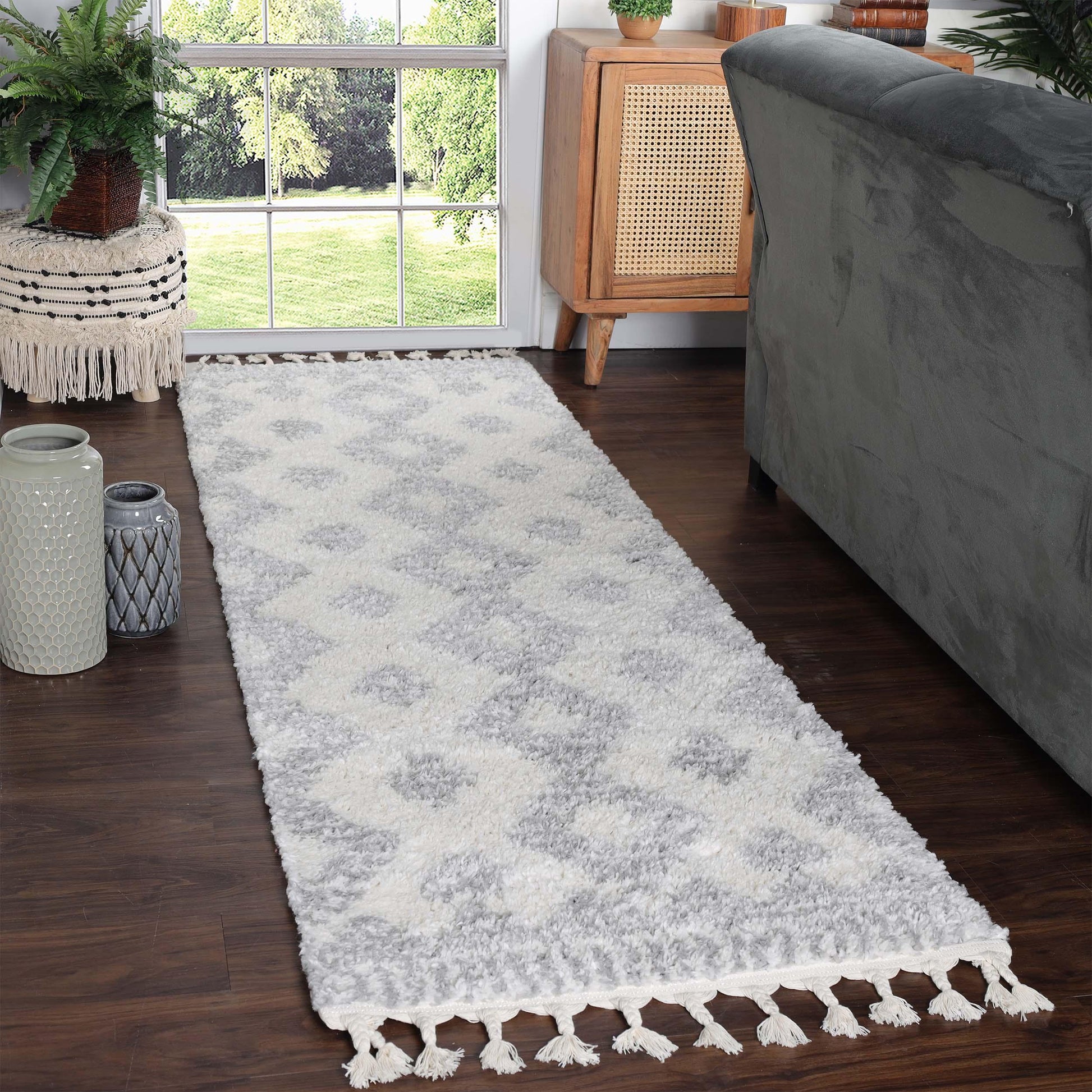 Superior Bohemian Geometric Indoor Plush Shag Area Rug with Tassels - Grey-Cream