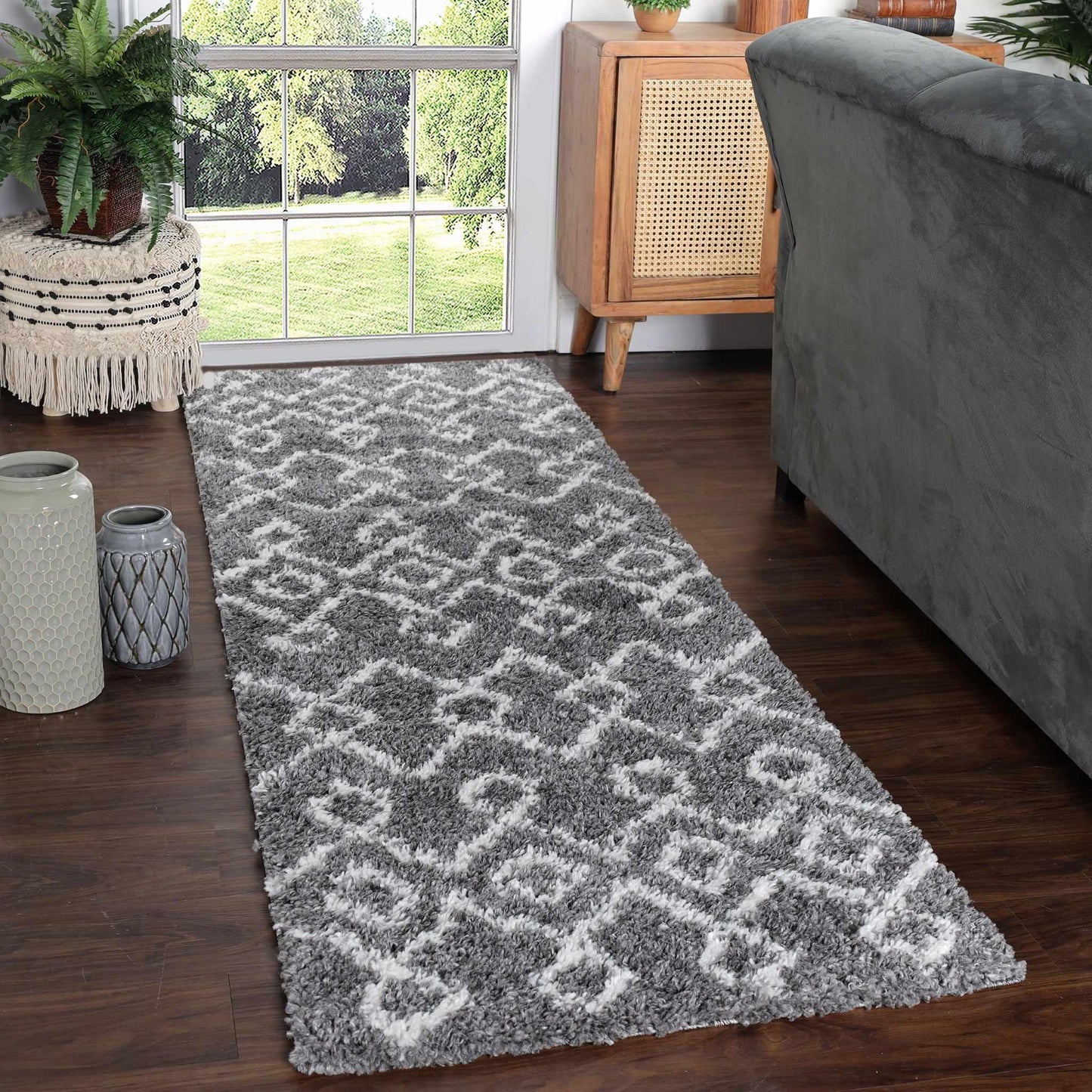Superior Boho Geometric Diamonds Indoor Plush Shag Area Rug Media - Cream-Black