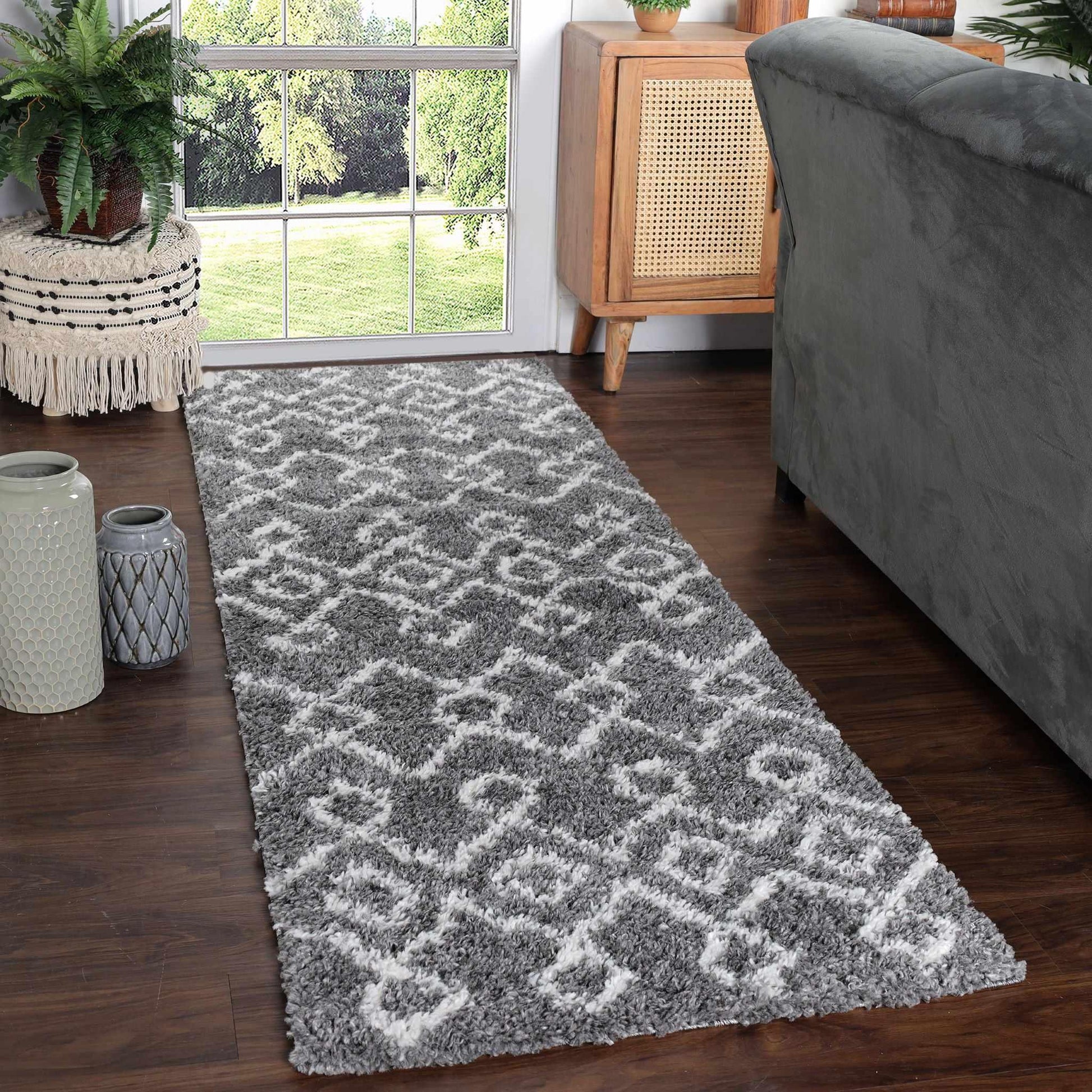Superior Boho Geometric Diamonds Indoor Plush Shag Area Rug Media - Cream-Black
