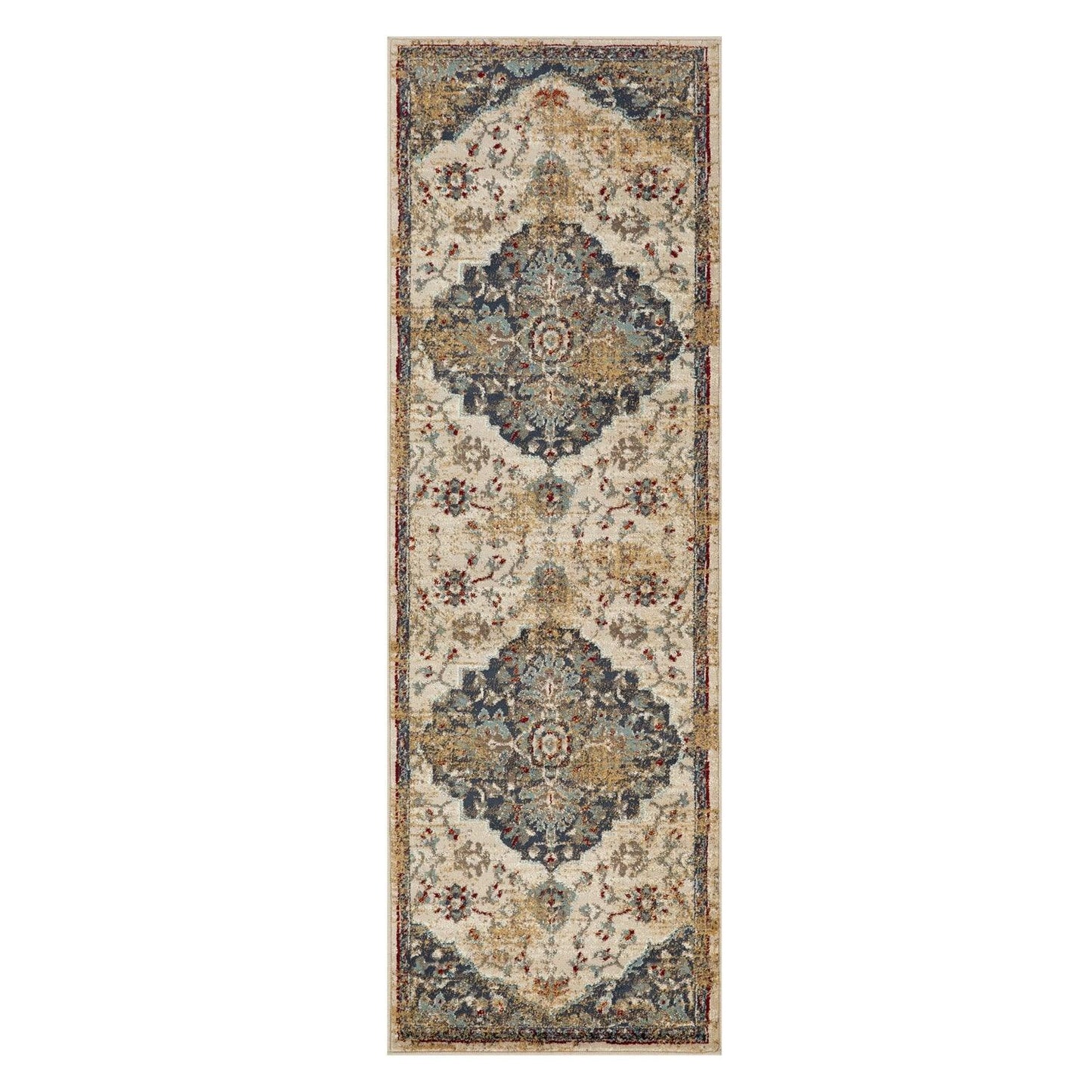 Superior Abena Traditional Medallion Indoor Area Rug or Runner - Blue-Cream