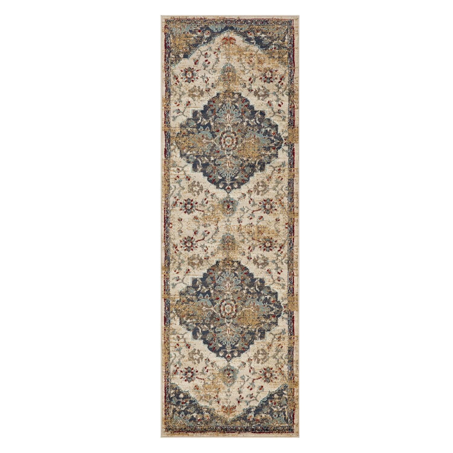 Superior Abena Traditional Medallion Indoor Area Rug or Runner - Blue-Cream