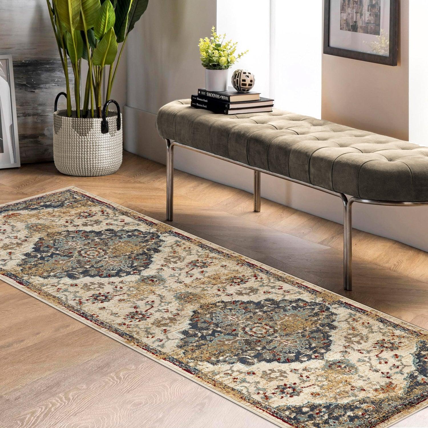 Superior Abena Traditional Medallion Indoor Area Rug or Runner - Blue-Cream