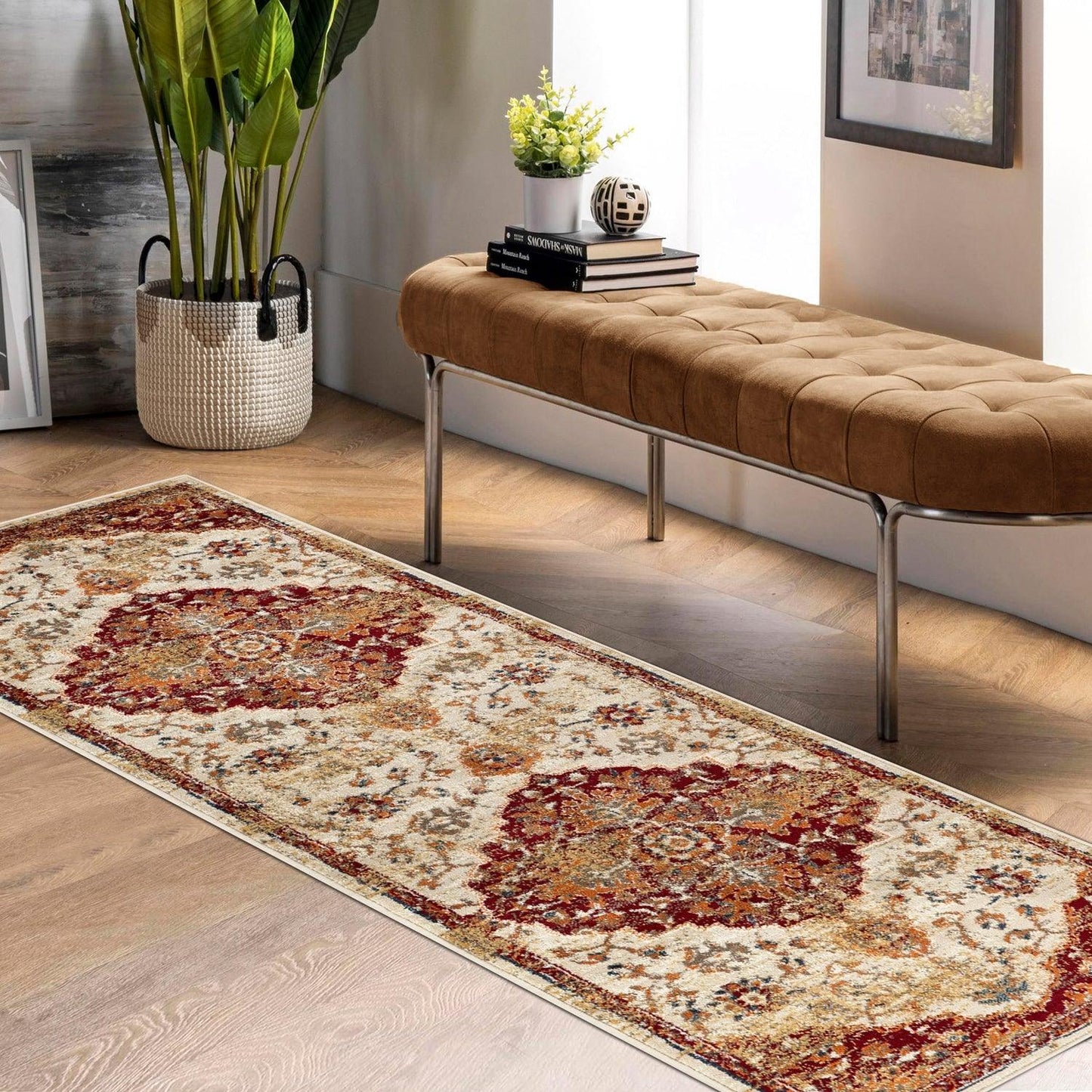 Superior Abena Traditional Medallion Indoor Area Rug or Runner - Rust-Cream