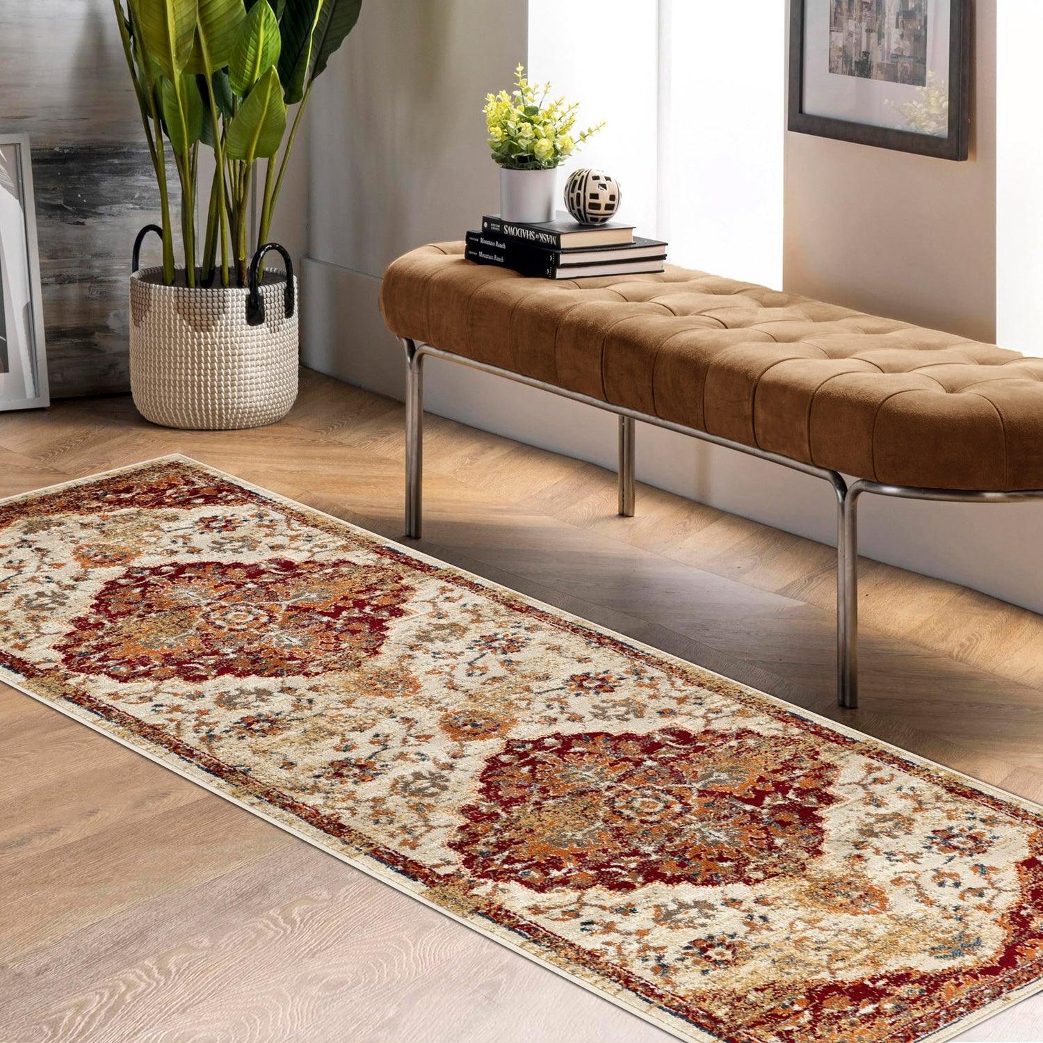 Superior Abena Traditional Medallion Indoor Area Rug or Runner - Rust-Cream