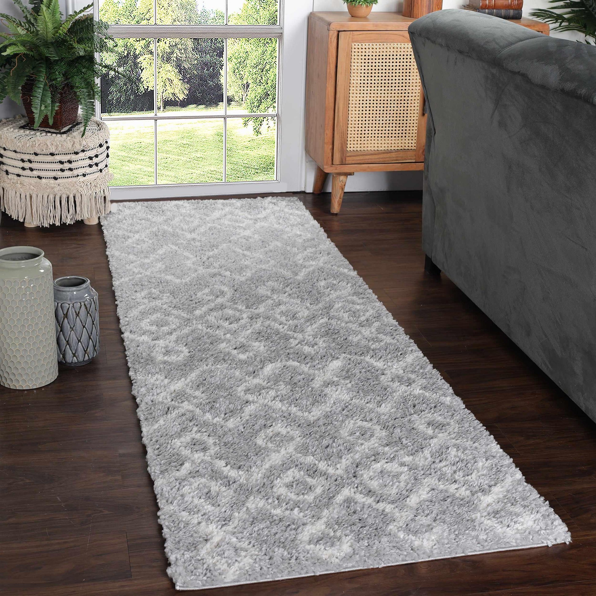 Superior Boho Geometric Diamonds Indoor Plush Shag Area Rug  - Cream-Grey