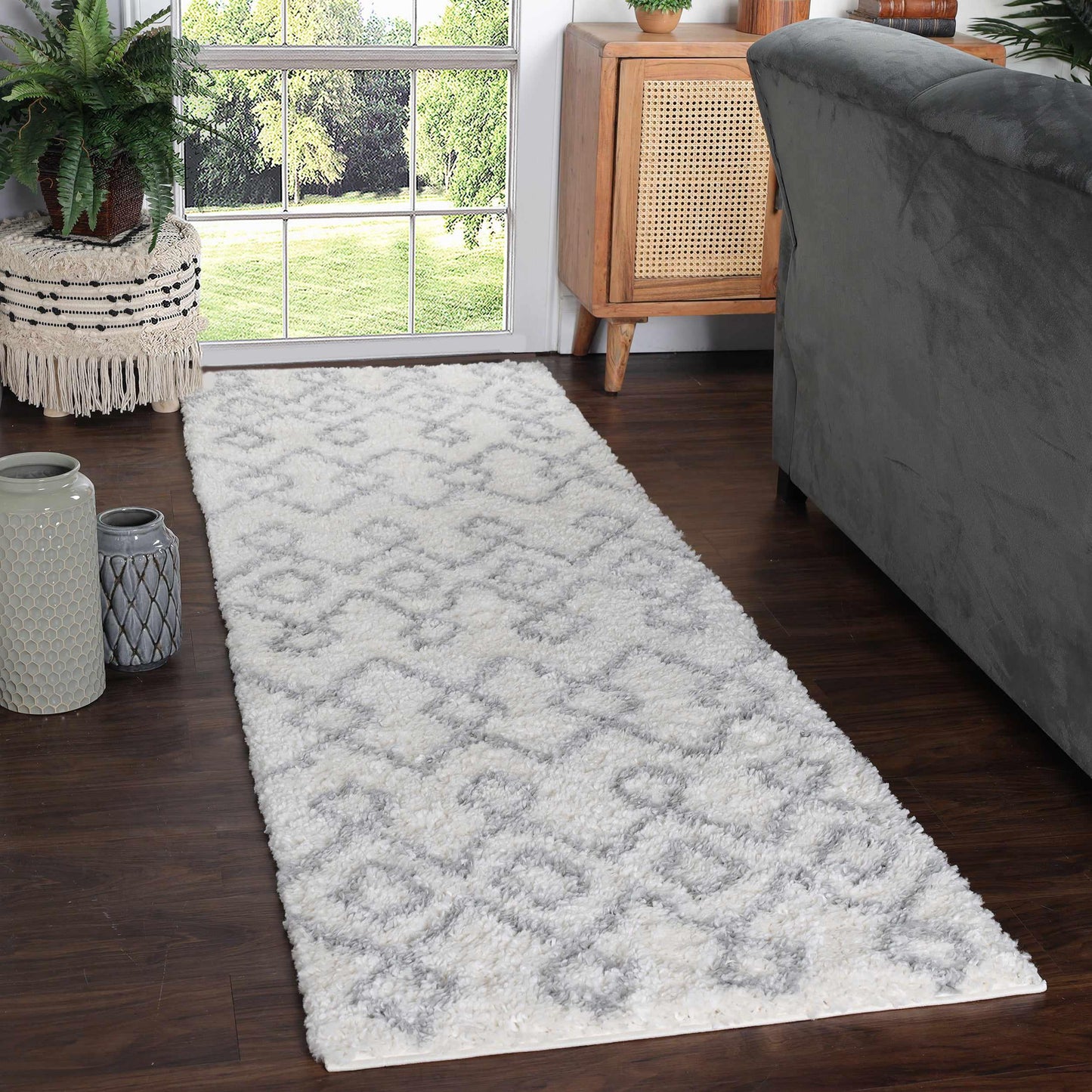 Superior Boho Geometric Diamonds Indoor Plush Shag Area Rug - Grey-Cream