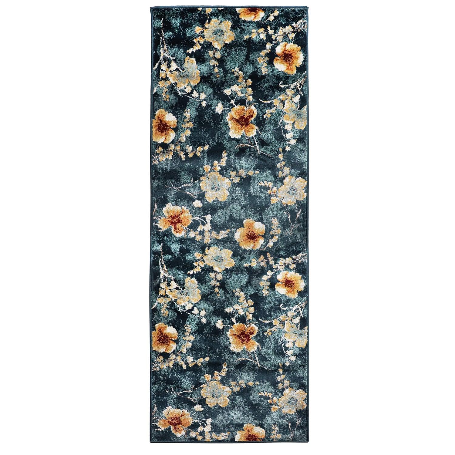 Superior Fiore Modern Oriental Floral Area Rug - Navy Blue