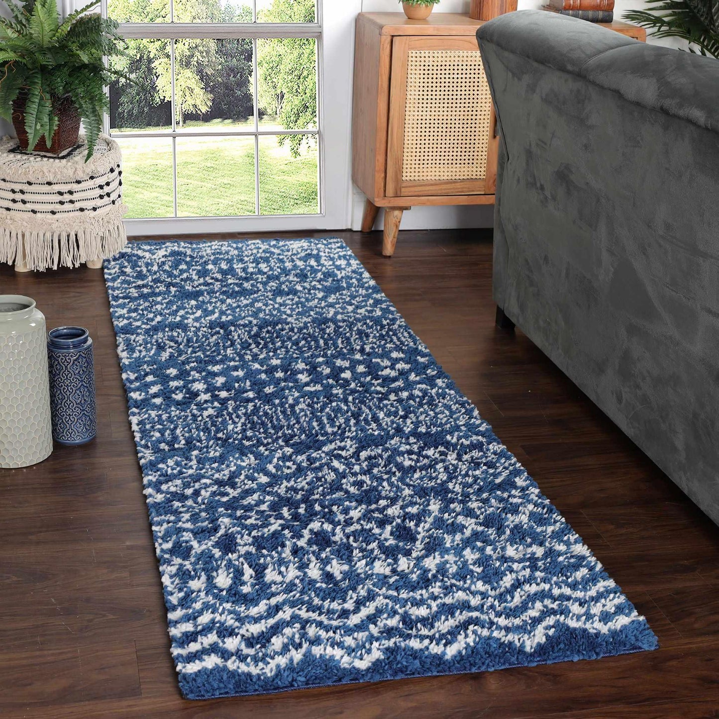 Superior Boho Geometric Indoor Plush Shag Area Rug - Cream-Blue
