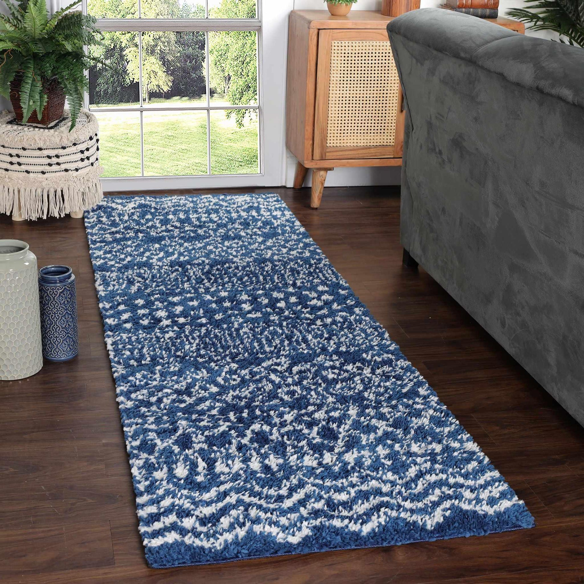 Superior Boho Geometric Indoor Plush Shag Area Rug - Cream-Blue