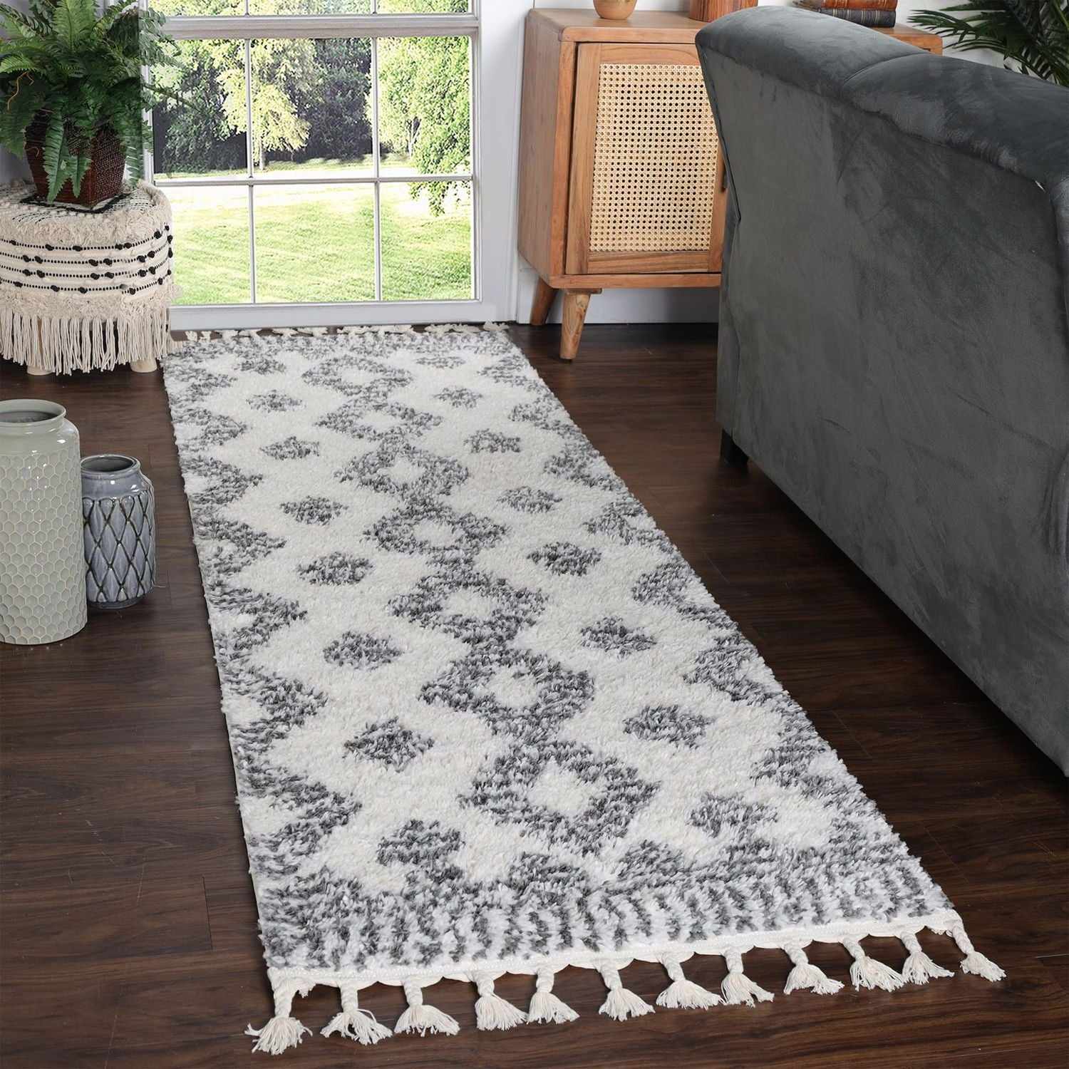 Superior Bohemian Geometric Indoor Plush Shag Area Rug with Tassels - Black-Cream