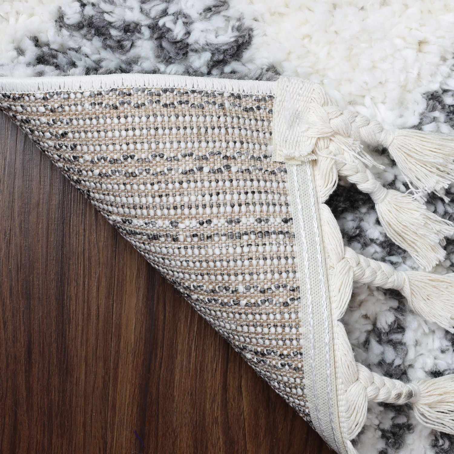 Superior Bohemian Geometric Indoor Plush Shag Area Rug with Tassels - Black-Cream