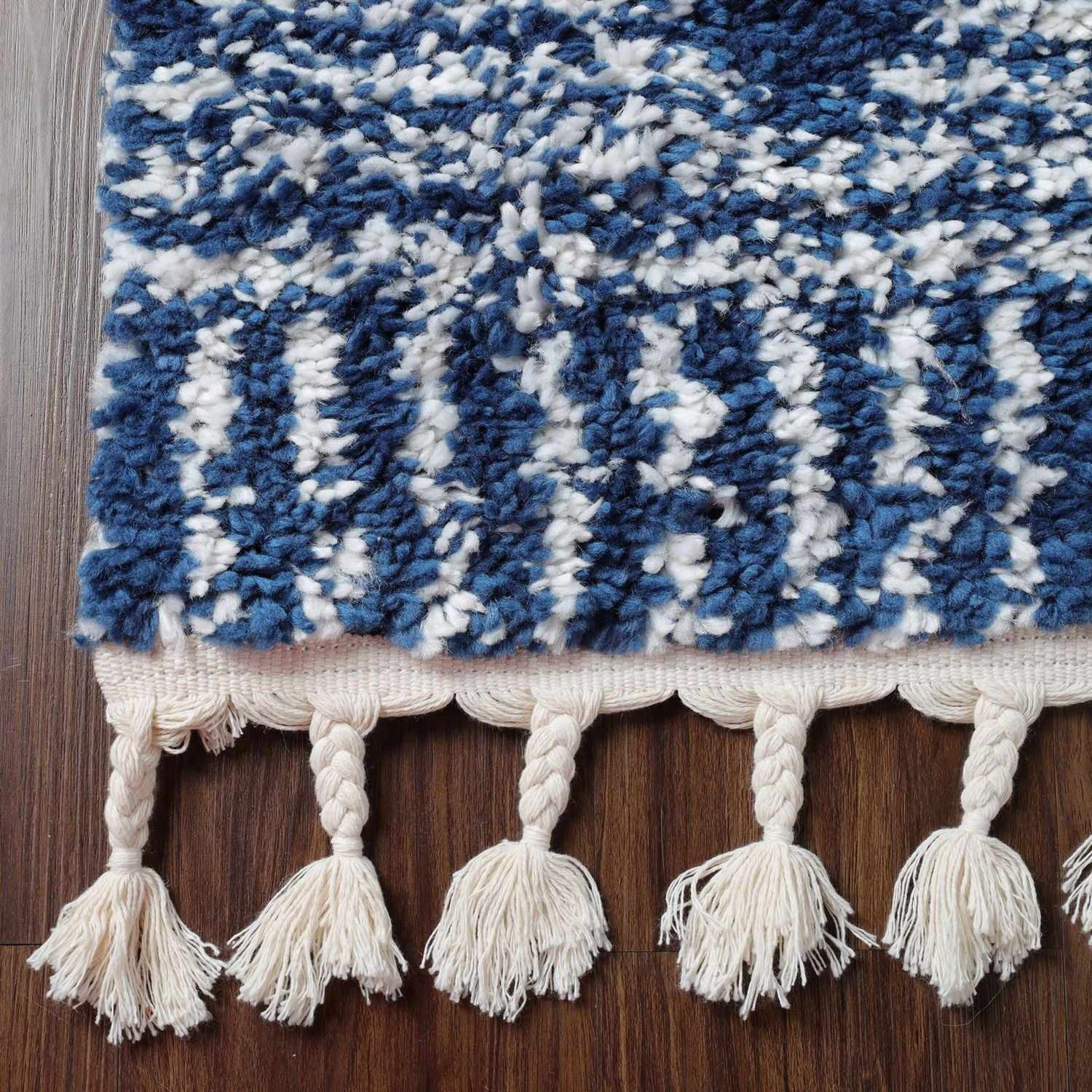 Superior Bohemian Geometric Indoor Plush Shag Area Rug with Tassels - Cream-Blue