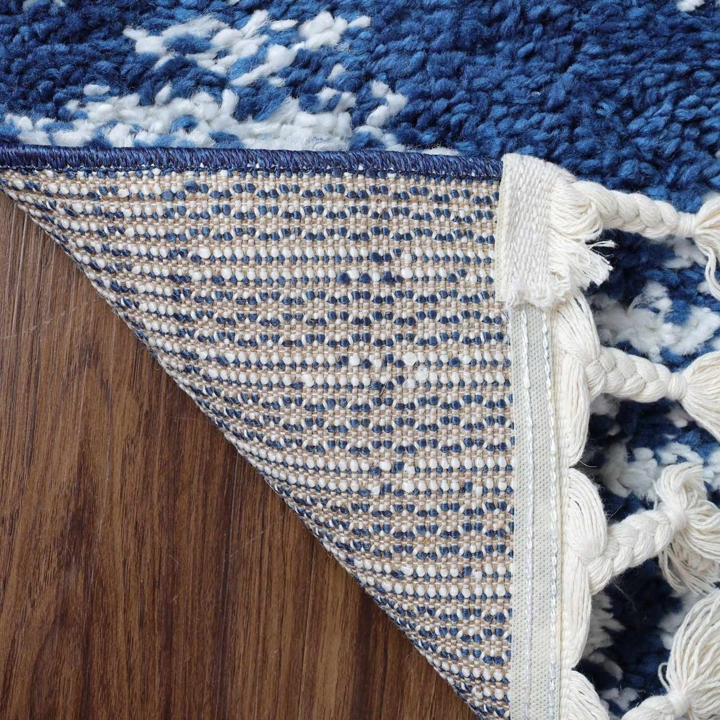 Superior Bohemian Geometric Indoor Plush Shag Area Rug with Tassels - Cream-Blue