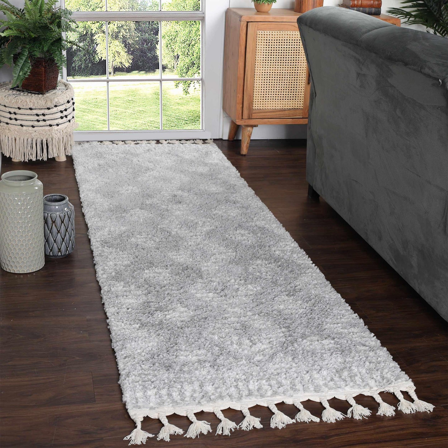 Superior Bohemian Geometric Indoor Plush Shag Area Rug with Tassels - Cream-Grey
