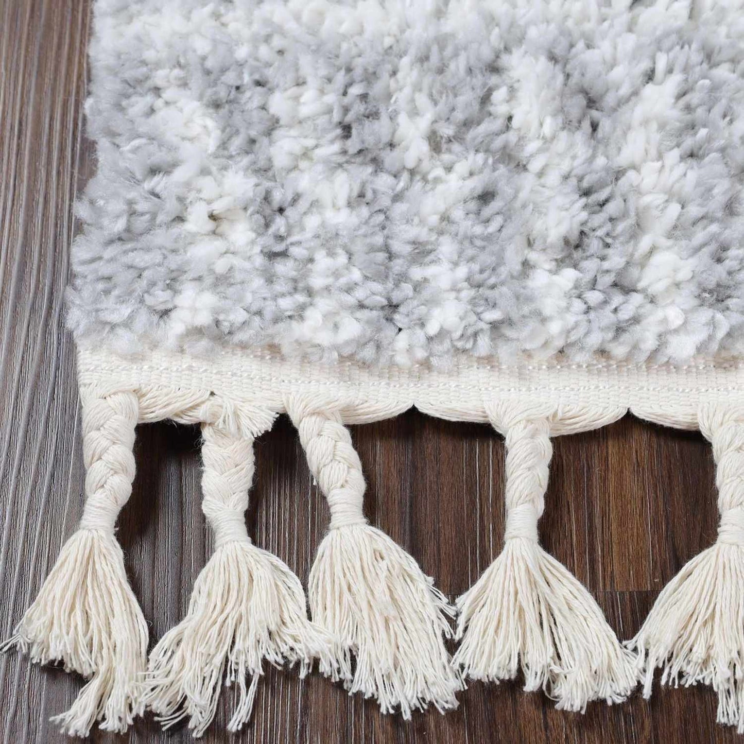 Superior Bohemian Geometric Indoor Plush Shag Area Rug with Tassels - Cream-Grey