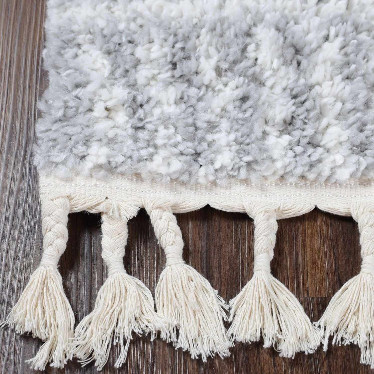 Superior Bohemian Geometric Indoor Plush Shag Area Rug with Tassels - Cream-Grey