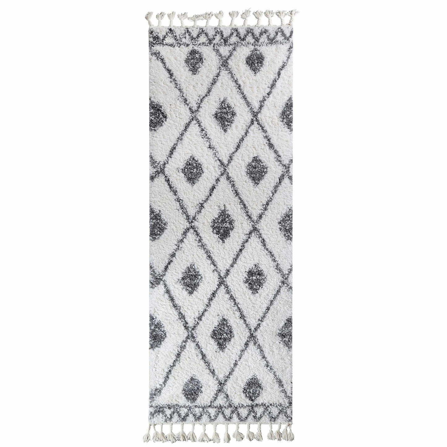 Superior Boho Tribal Geometric Indoor Shag Area Rug with Tassels - Black-Cream