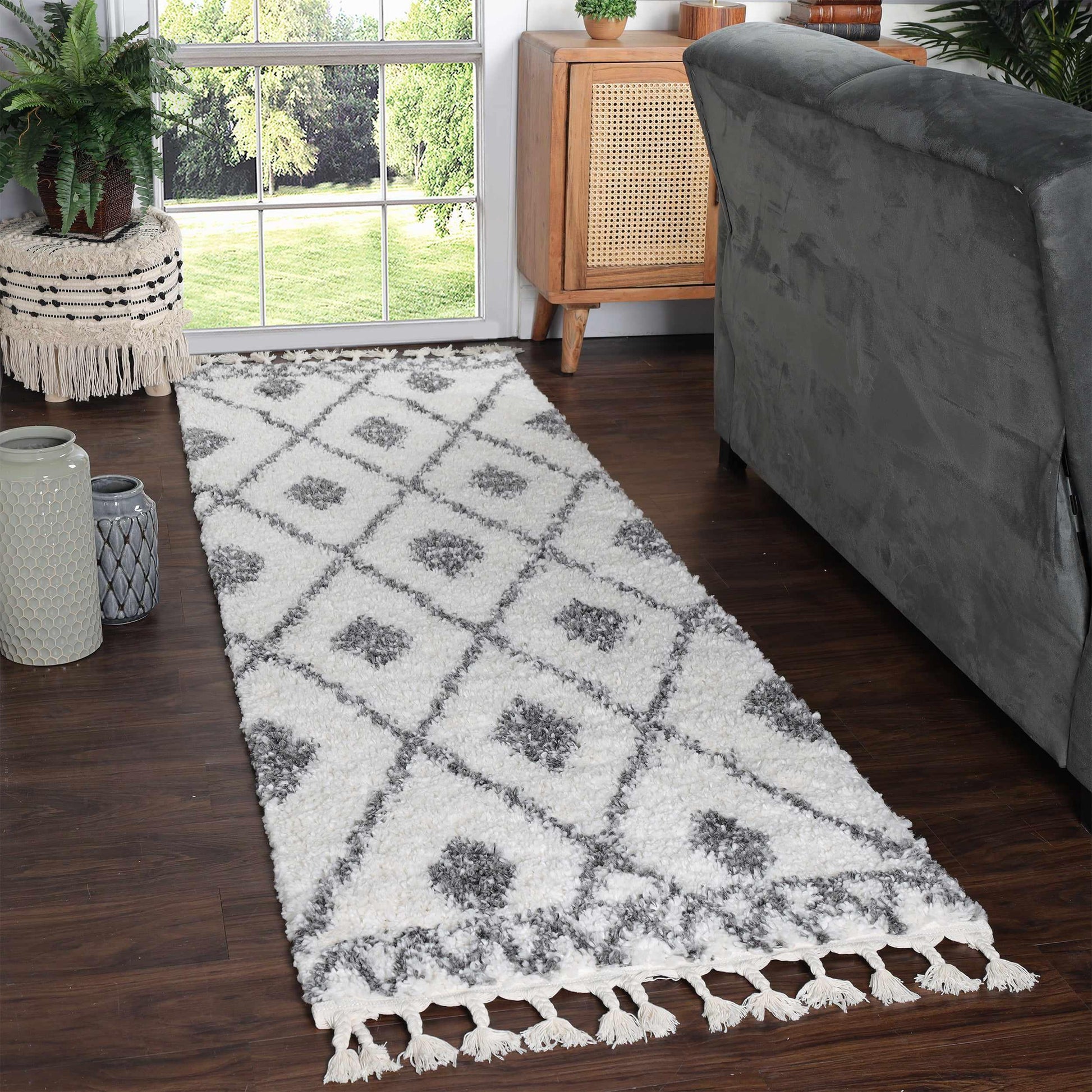 Superior Boho Tribal Geometric Indoor Shag Area Rug with Tassels - Black-Cream
