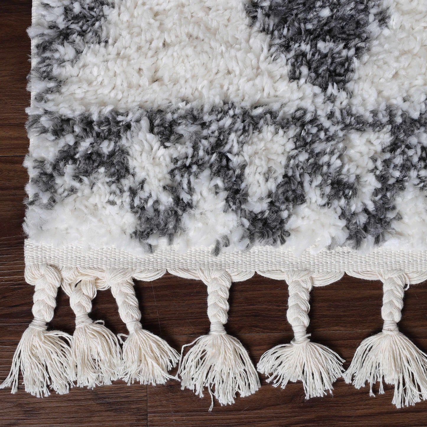 Superior Boho Tribal Geometric Indoor Shag Area Rug with Tassels - Black-Cream