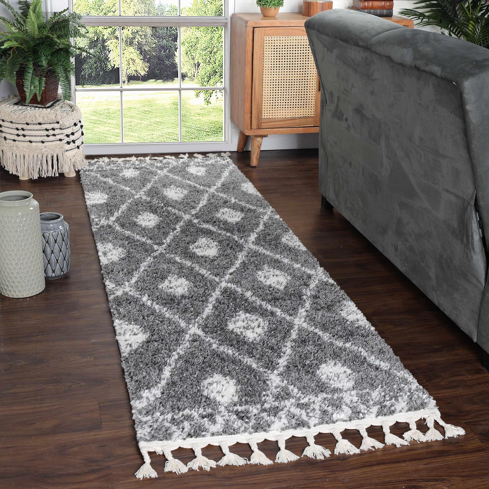 Superior Boho Tribal Geometric Indoor Shag Area Rug with Tassels - Cream-Black