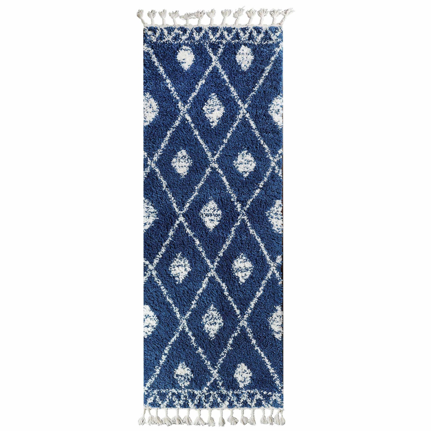 Superior Boho Tribal Geometric Indoor Shag Area Rug with Tassels - Cream-Blue