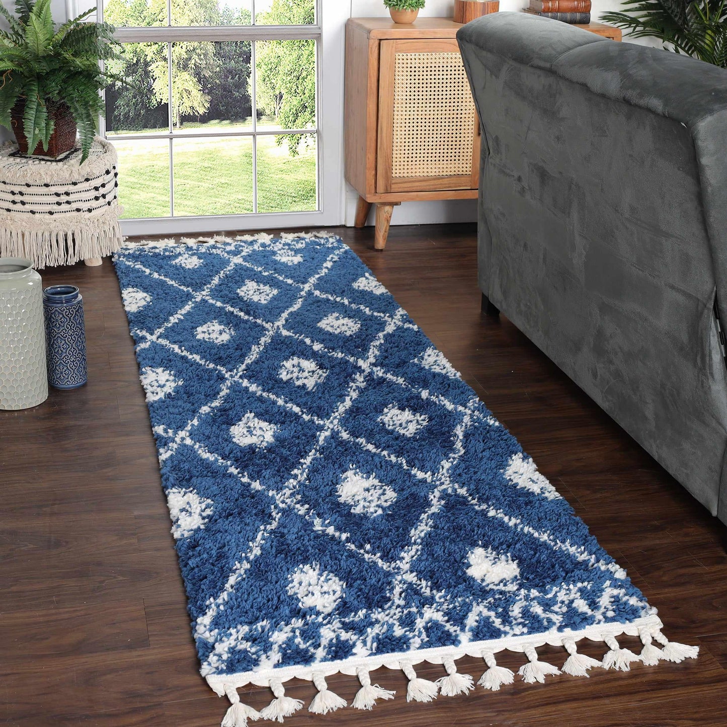 Superior Boho Tribal Geometric Indoor Shag Area Rug with Tassels - Cream-Blue