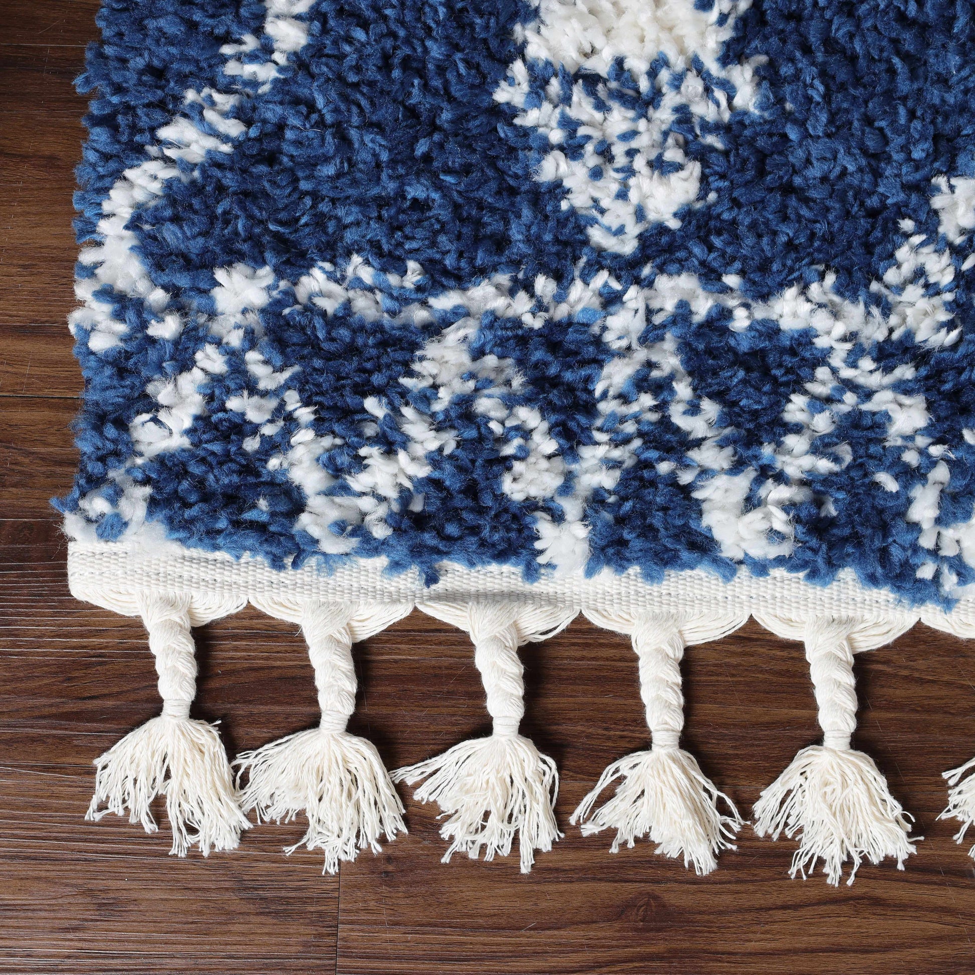 Superior Boho Tribal Geometric Indoor Shag Area Rug with Tassels - Cream-Blue