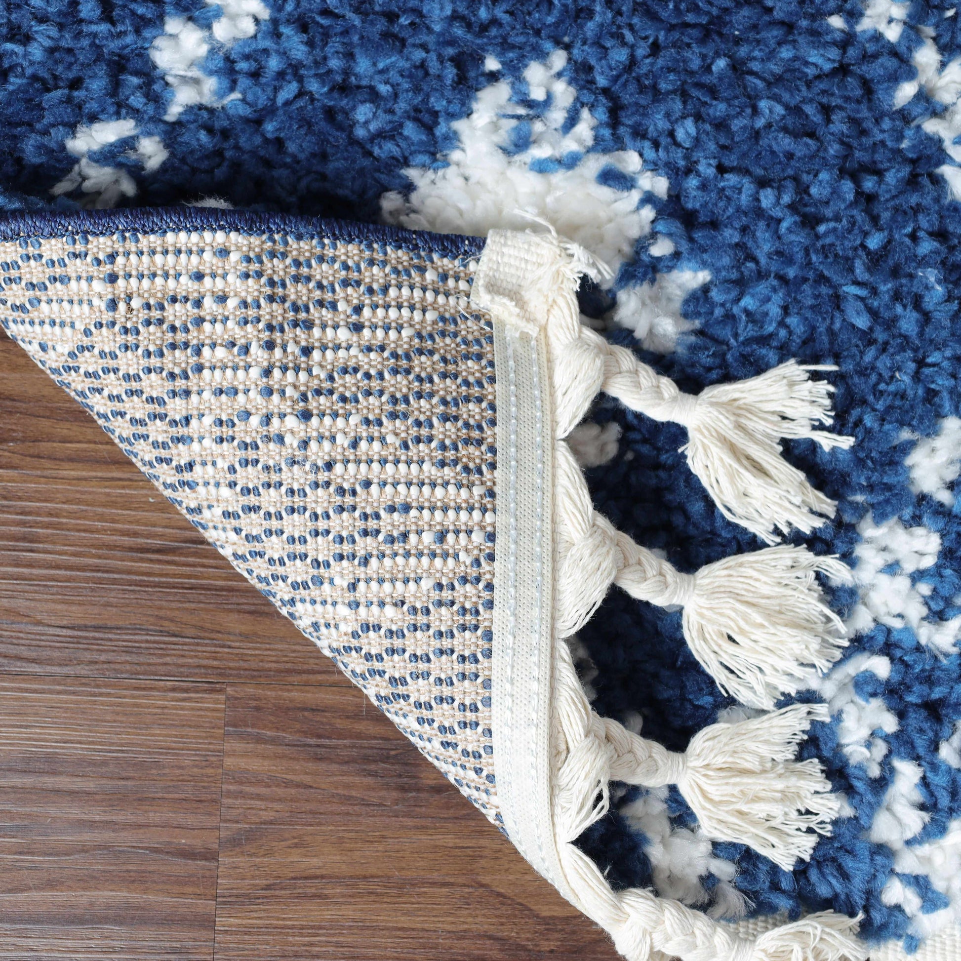 Superior Boho Tribal Geometric Indoor Shag Area Rug with Tassels - Cream-Blue