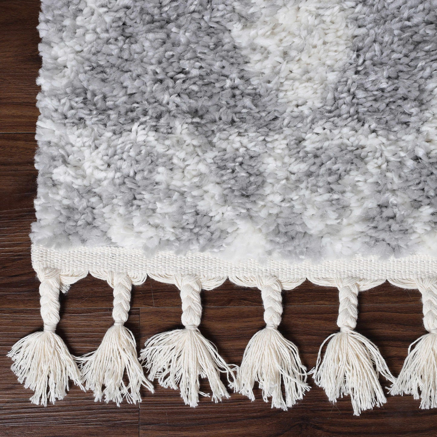 Superior Boho Tribal Geometric Indoor Shag Area Rug with Tassels - Cream-grey
