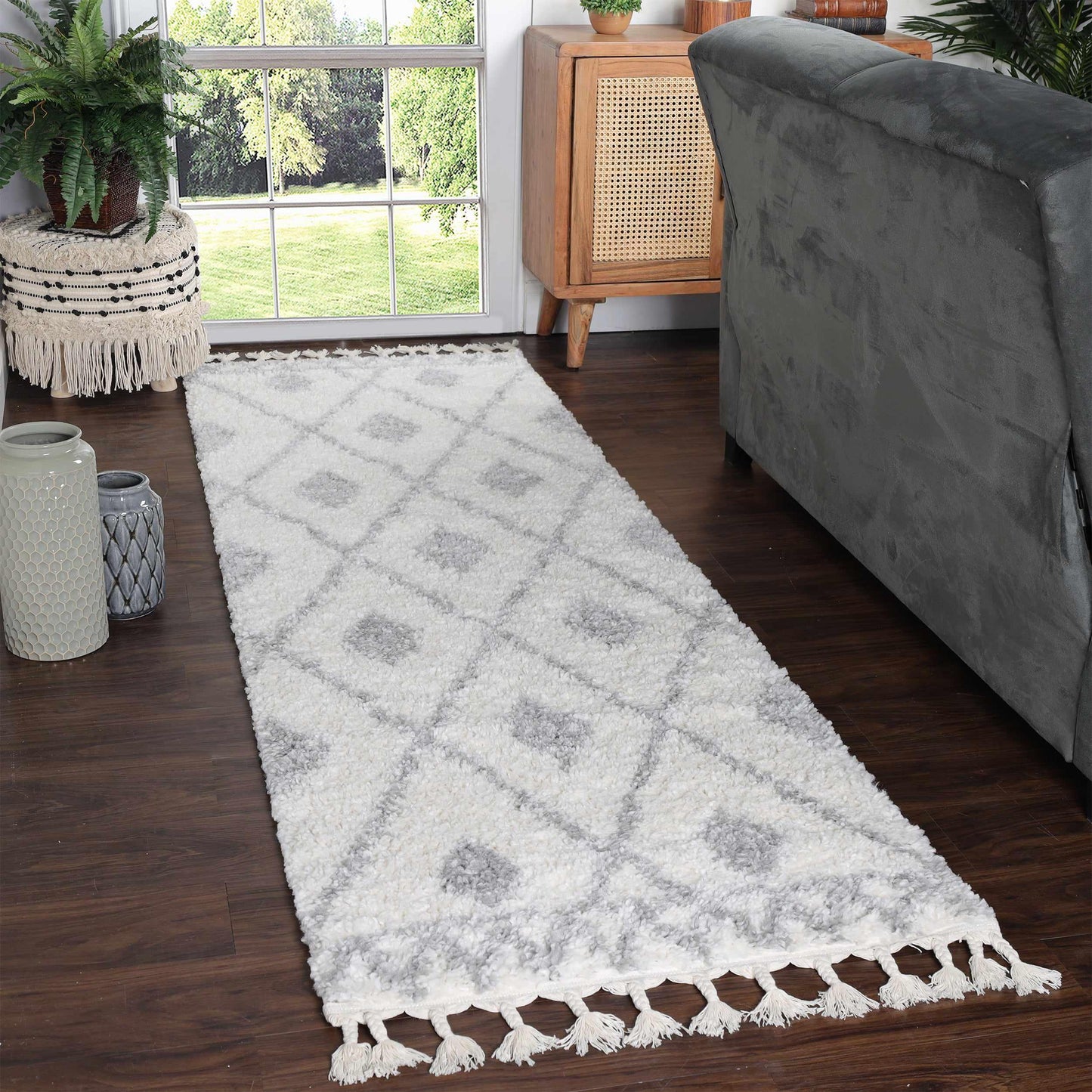 Superior Boho Tribal Geometric Indoor Shag Area Rug with Tassels  - Grey-Cream