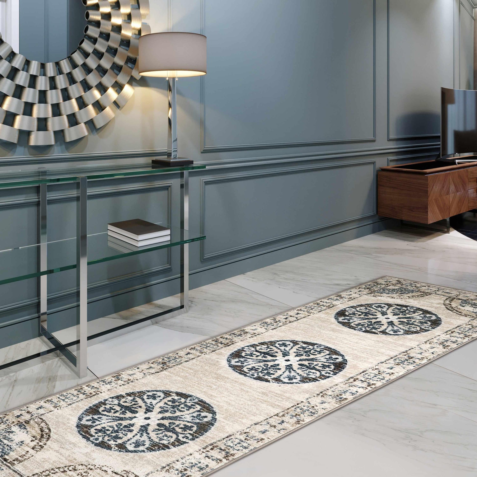 Superior Shiloh Non-Slip Distressed Medallion Indoor Washable Area Rug - Gray Cream