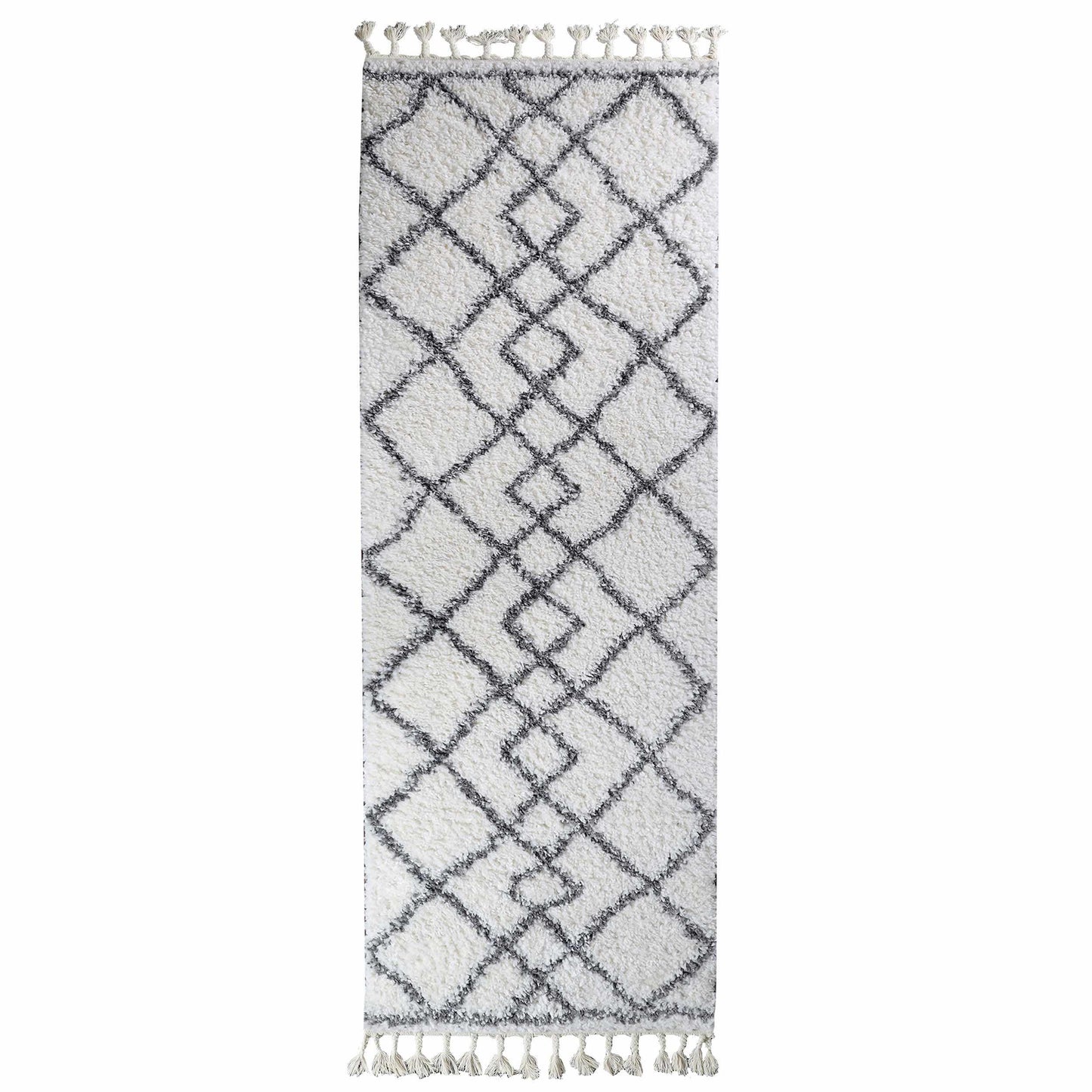 Superior Boho Geometric Diamonds Indoor Plush Shag Area Rug with Tassels - Black-cream