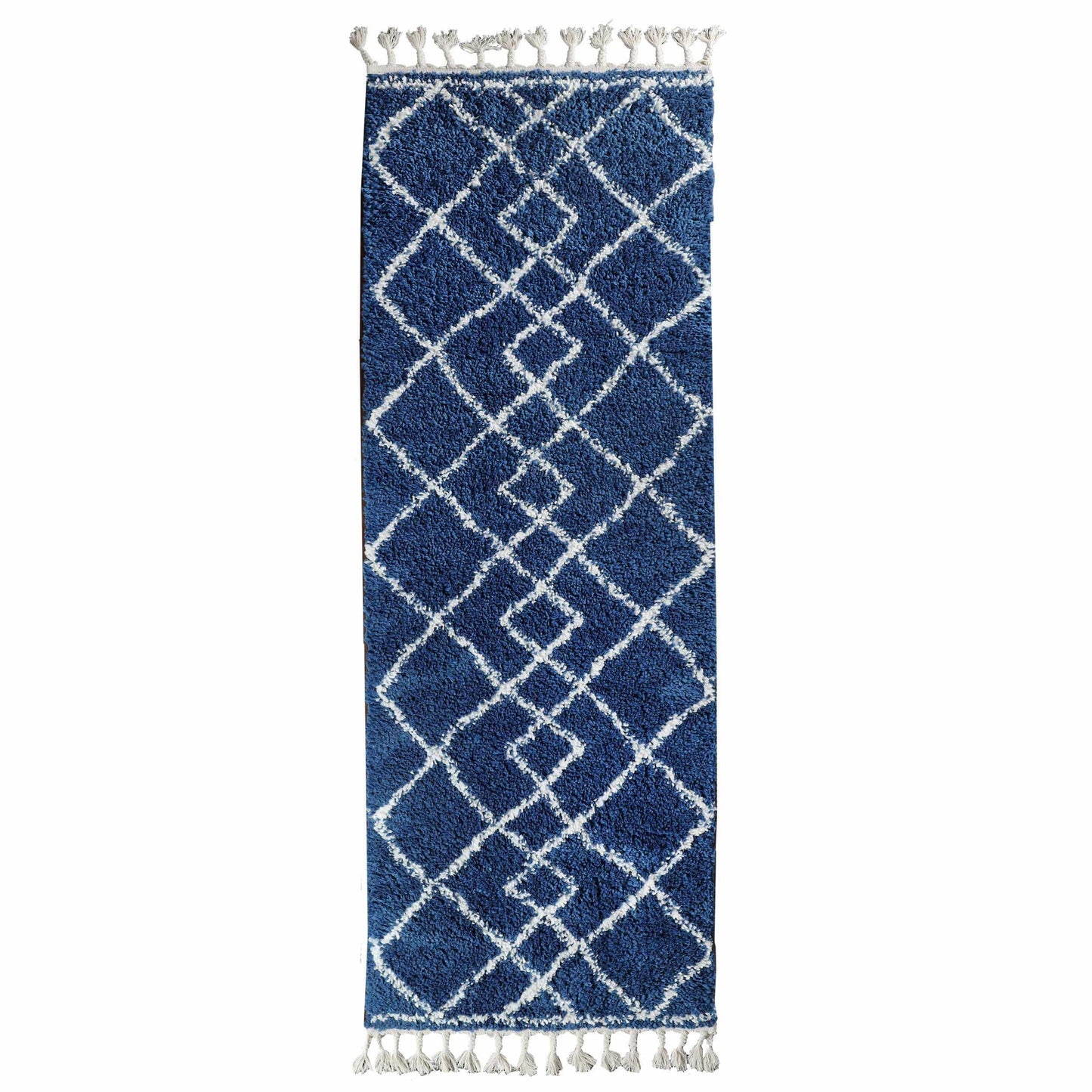 Superior Boho Geometric Diamonds Indoor Plush Shag Area Rug with Tassels - Cream-Blue