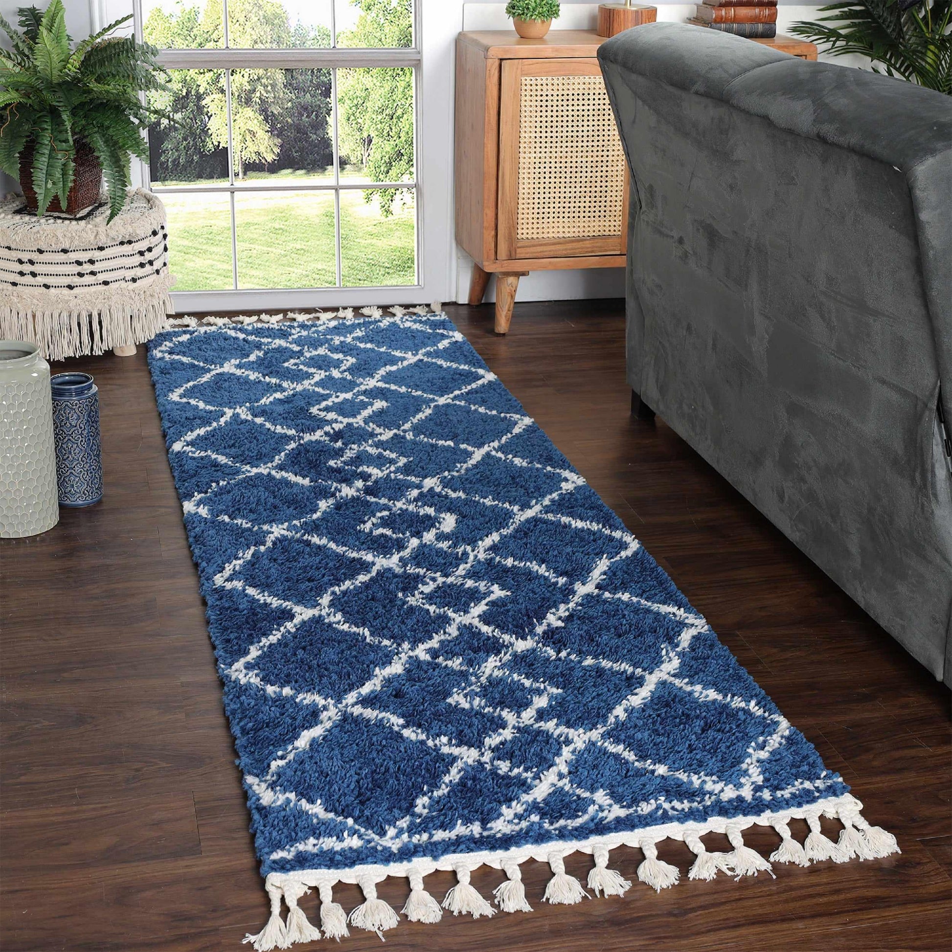 Superior Boho Geometric Diamonds Indoor Plush Shag Area Rug with Tassels - Cream-Blue