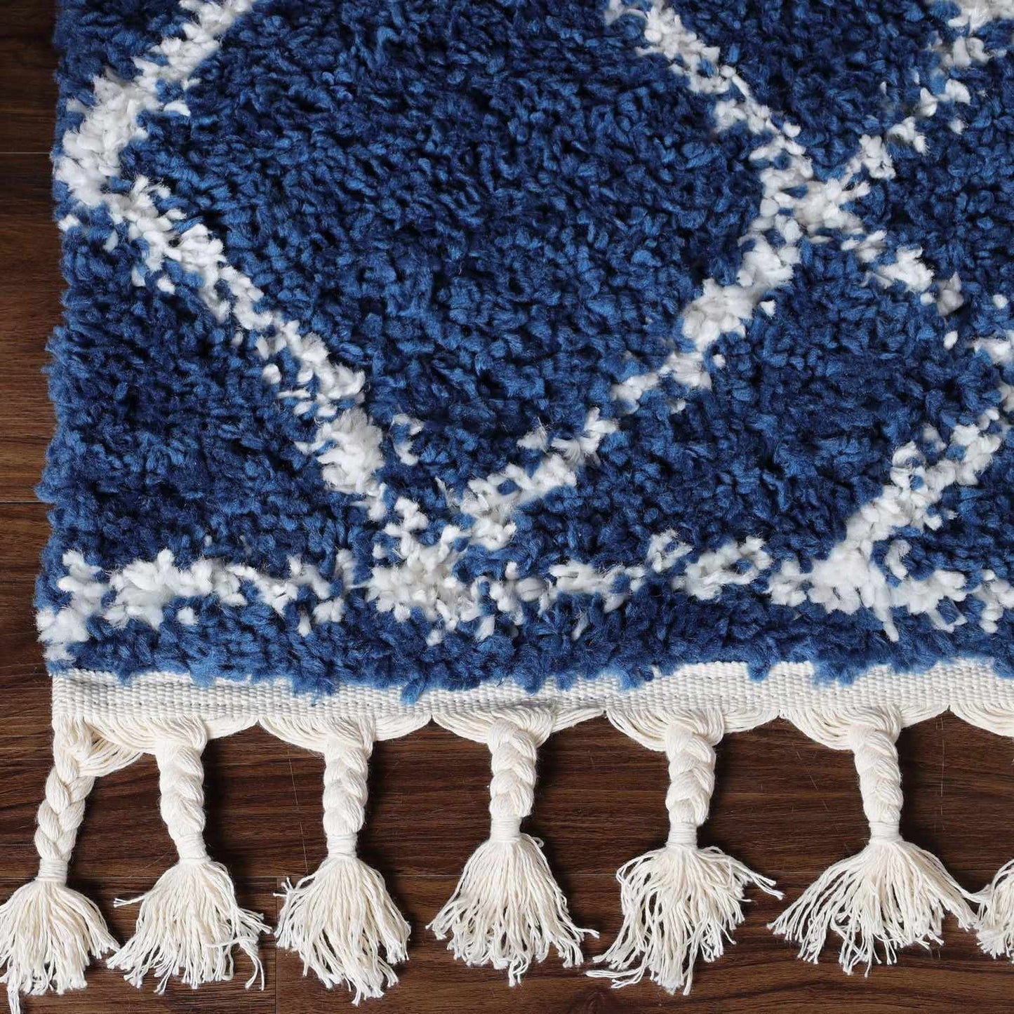 Superior Boho Geometric Diamonds Indoor Plush Shag Area Rug with Tassels - Cream-Blue