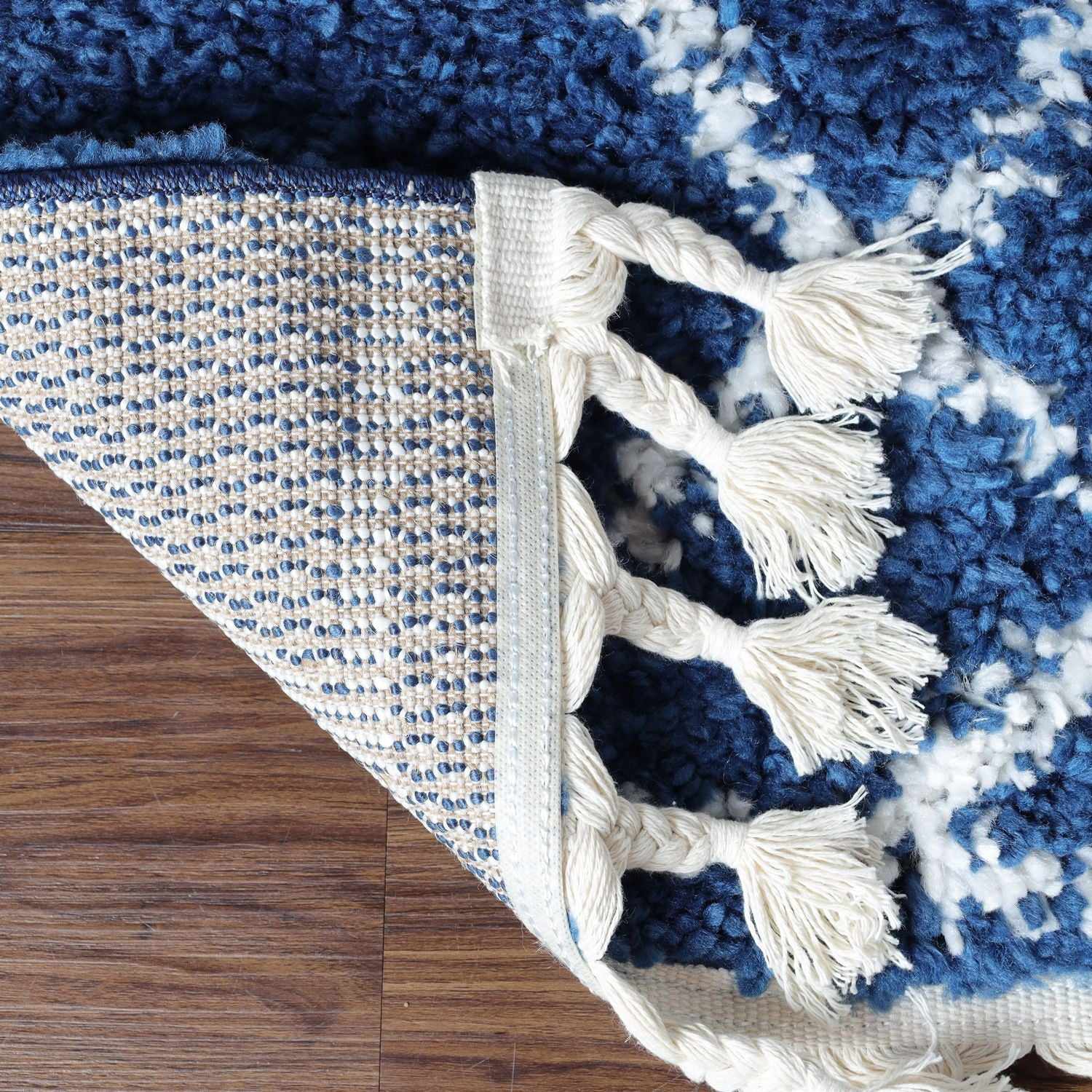 Superior Boho Geometric Diamonds Indoor Plush Shag Area Rug with Tassels - Cream-Blue