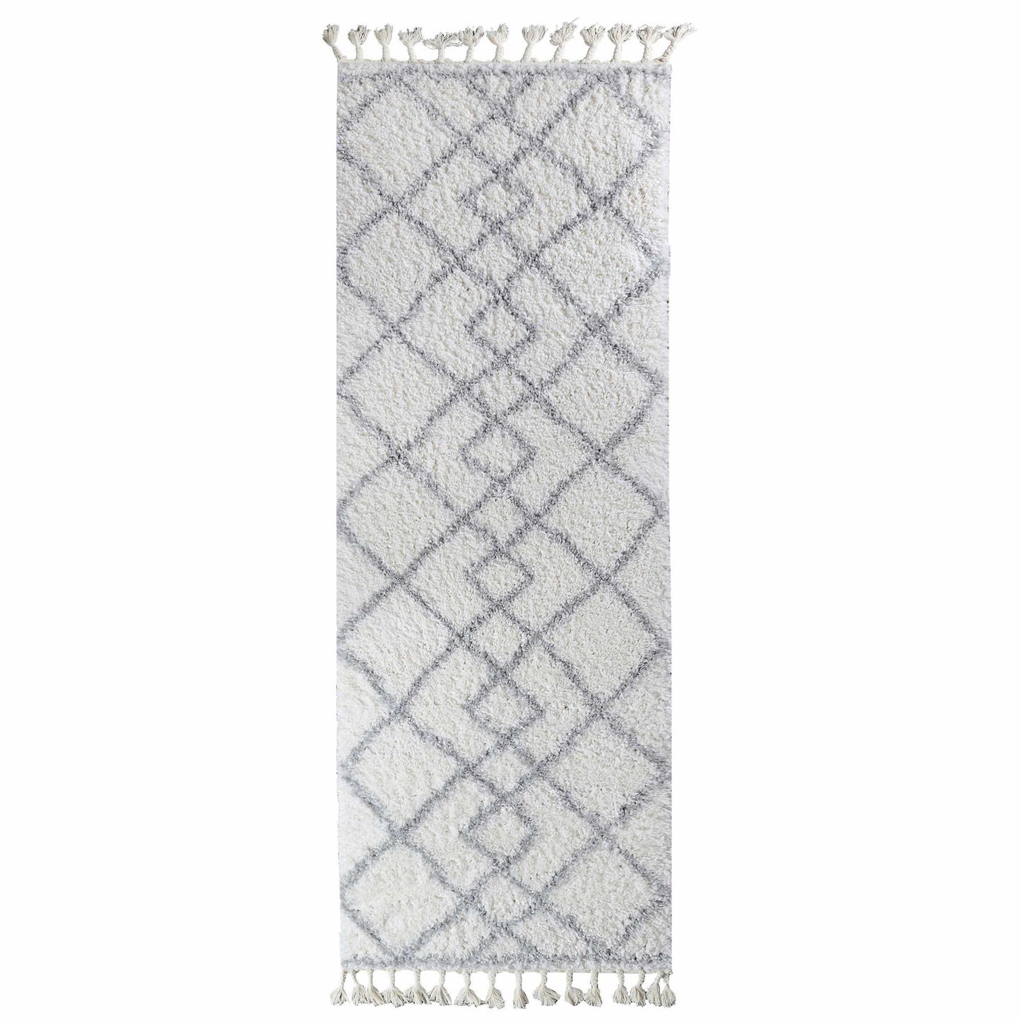 Superior Boho Geometric Diamonds Indoor Plush Shag Area Rug with Tassels - Grey-Cream